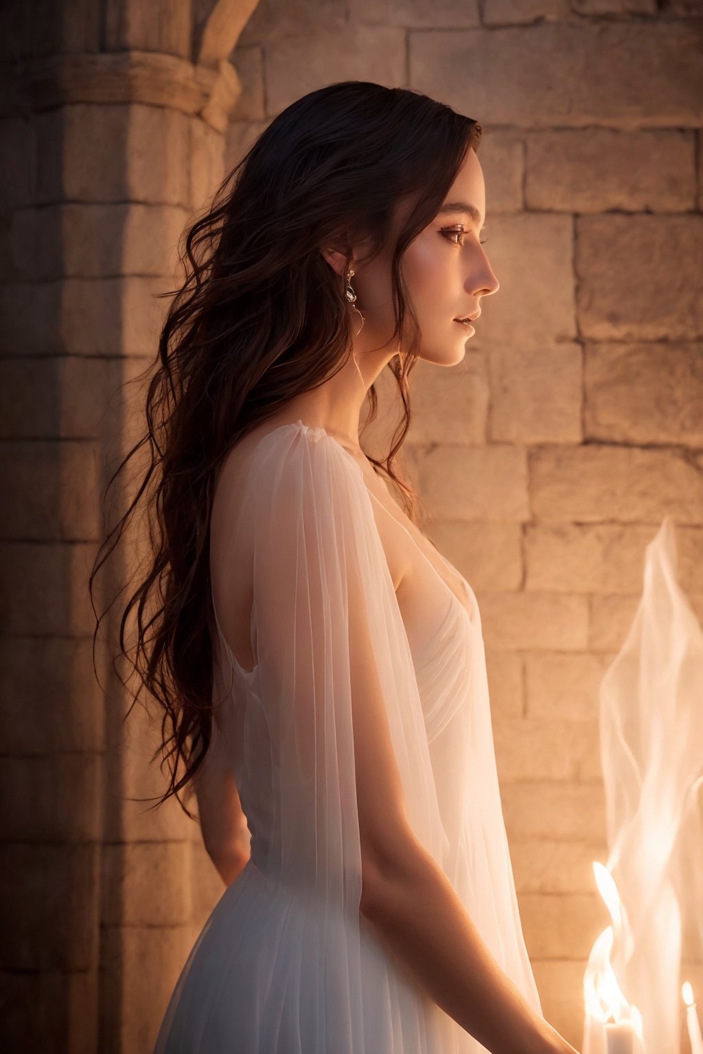 An enchantingly magical sorceress, glistening with ethereal beauty, gracefully dons a flowing, translucent white dress that seems to shimmer like water. Captured expertly in an ultra-detailed 8K photograph, this side view image showcases the sorceress's captivating allure, highlighted by the gentle side light. The intricate details of her features, seamlessly blended with photorealism, bring an exceptional level of realism to this stunning portrayal. Within the atmospheric ambience of the dungeons, the sorceress stands as a mesmerizing presence, leaving viewers utterly entranced by her enchantment.,photorealistic