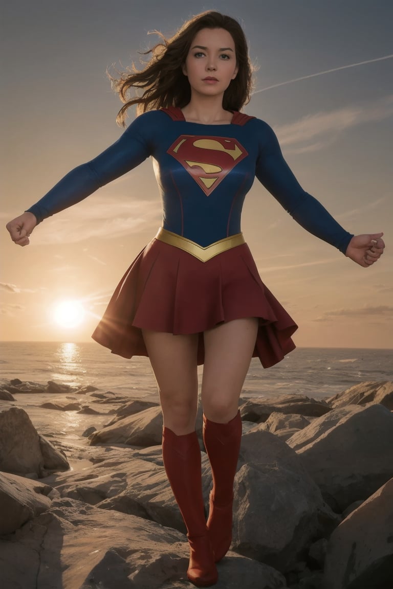 supergirl in an classic superman pose looking the camera