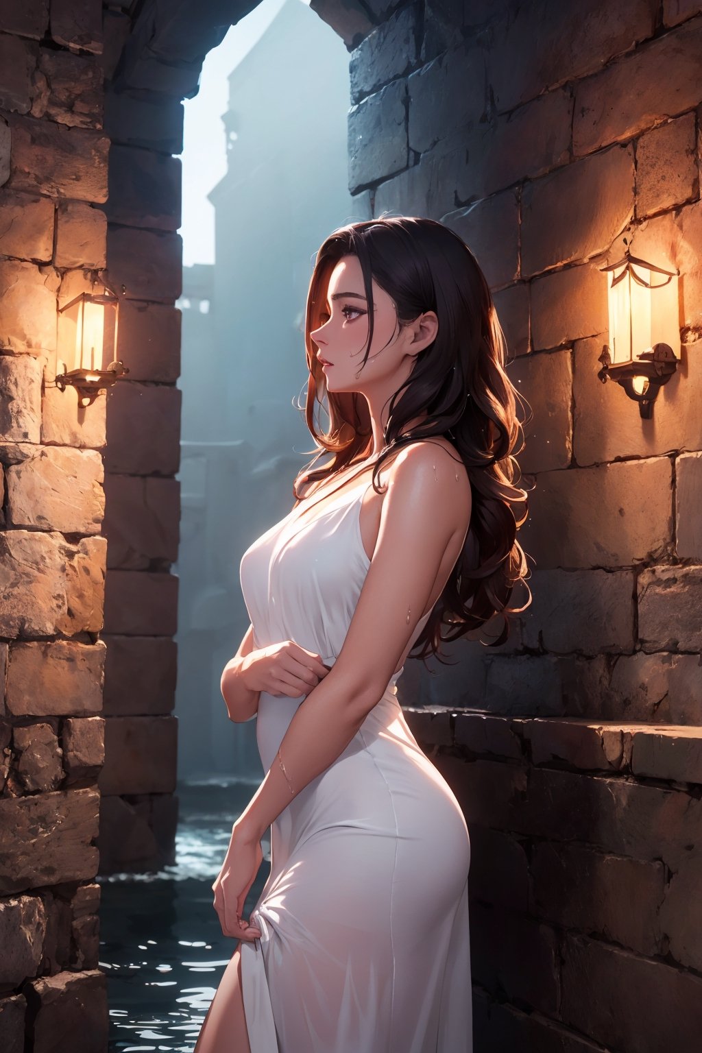 ultra detailed 8k cg, Attractive woman sorcerer translucent white dress, wet, realistic photo side view, dungeons, side light