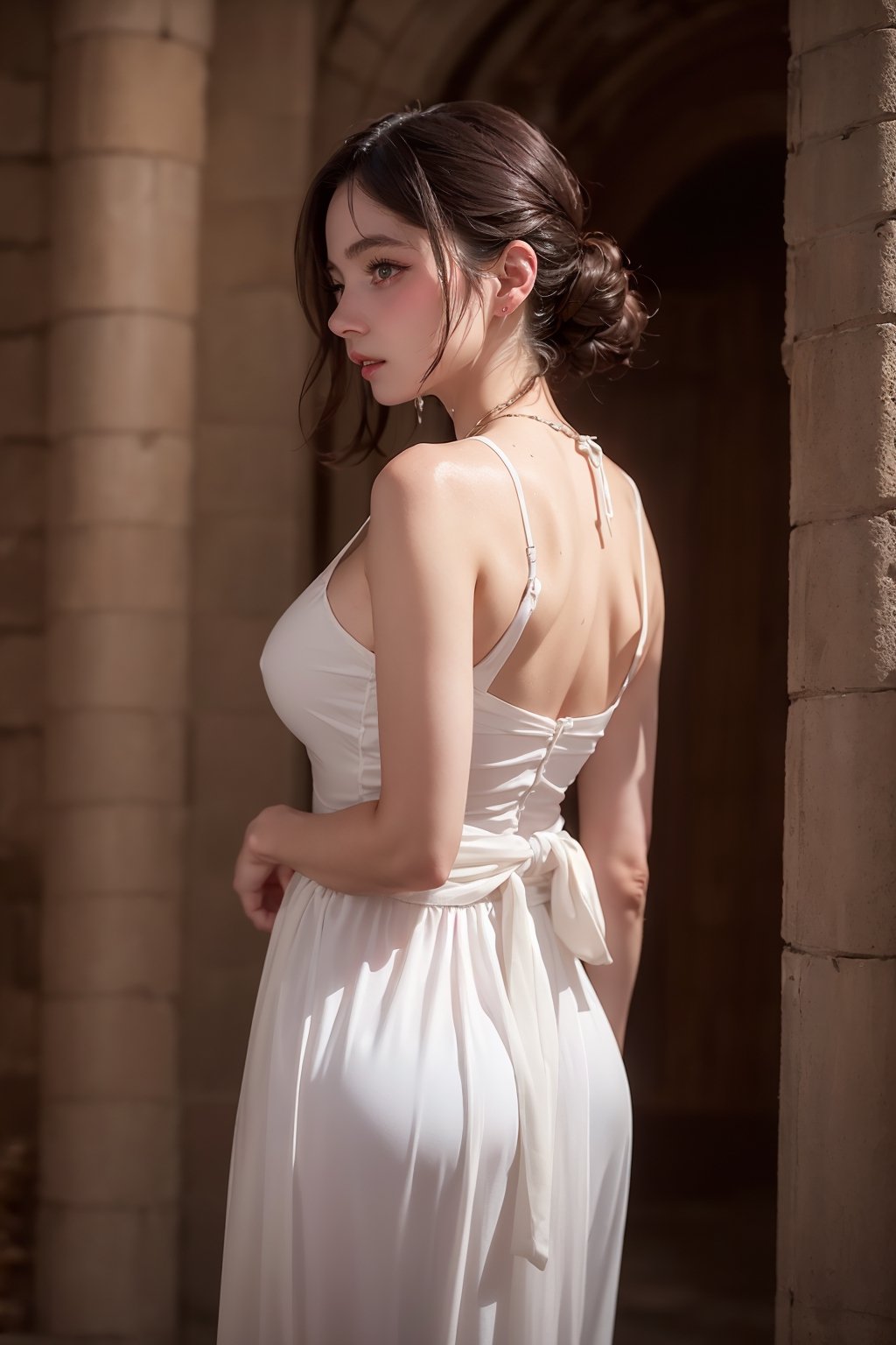 ultra detailed 8k cg, Attractive woman sorcerer translucent white dress, wet, realistic photo side view, dungeons, side light