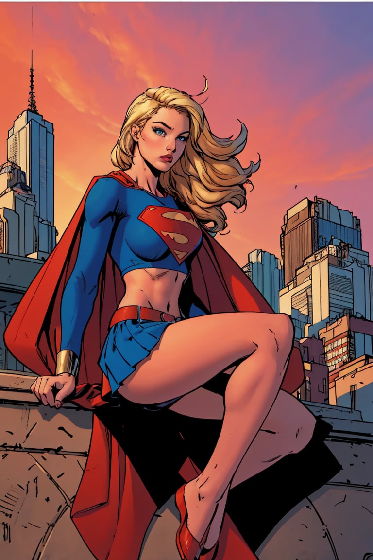 jim lee, 1girl, arm support, bangs, belt, blue eyes, blue skirt, blush, blonde hair, breasts, building, cape, cityscape, closed mouth, crop top, cropped shirt, day, feet out of frame, floating hair, from below, legs together, long hair, long sleeves, looking at viewer, medium breasts, midriff, navel, outdoors, pink lips, pleated skirt, red cape, sitting, skirt, skyscraper, solo, sunset, superhero, yellow sky , ((masterpiece)) 