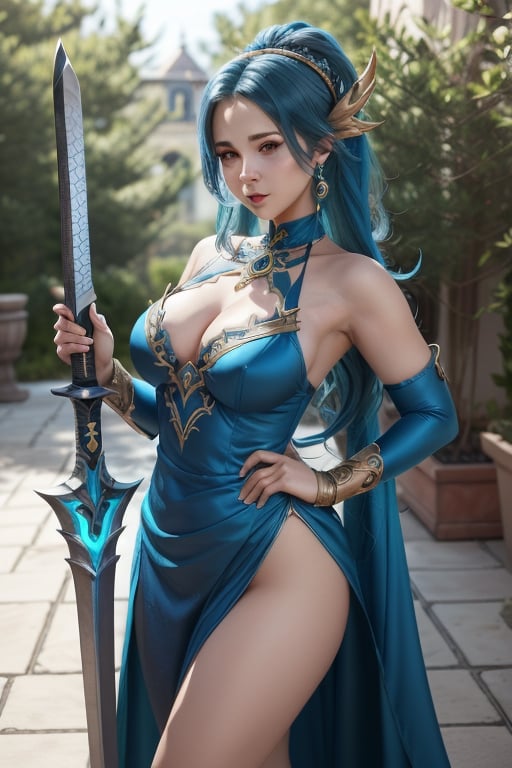 Monroe, in a blue dress holding a sword, samira from league of legends, ne zha from smite, ornate cosplay, morgana from league of legends, glamourous cosplay, senna from league of legends, from league of legends, irelia from league of legends, league of legends inspired, cosplay, professional cosplay, elegant glamourous cosplay