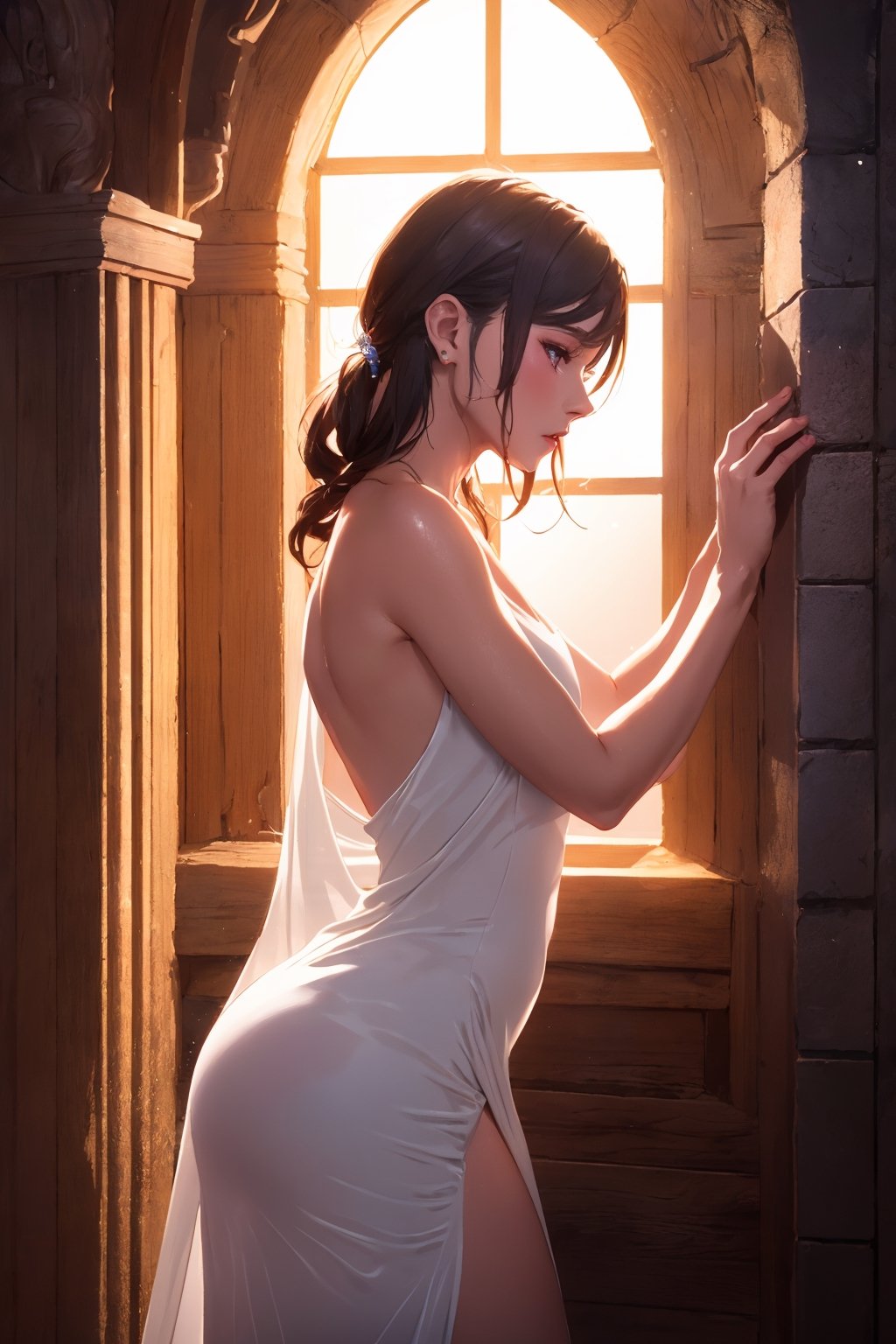 ultra detailed 8k cg, Attractive woman sorcerer translucent white dress, wet, realistic photo side view, dungeons, side light