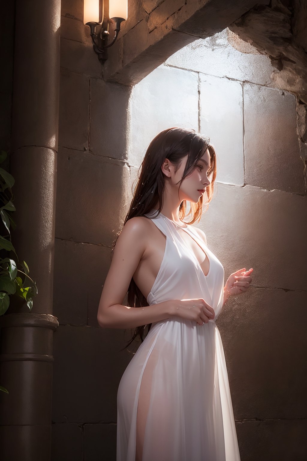 ultra detailed 8k cg, Attractive woman sorcerer translucent white dress, wet, realistic photo side view, dungeons, side light