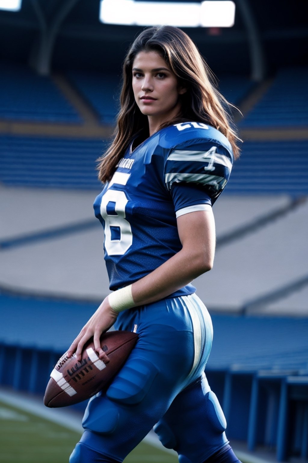 a woman playing american football, (wearing football_uniform:1.3), blue uniform, good hand,4k, high-res, masterpiece, best quality, head:1.3,((Hasselblad photography)), finely detailed skin, sharp focus, (cinematic lighting), night, soft lighting, dynamic angle, [:(detailed face:1.2):0.2],(((inside_stadium))),