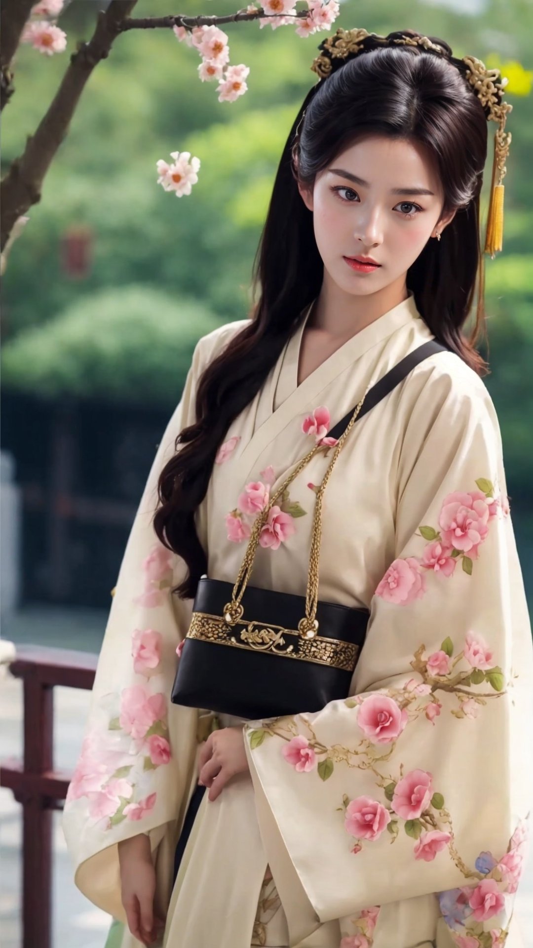 tienhiep, hanfu,
fairy hanfu, 1girl, solo, long hair, looking at viewer, black hair, upper body, flower, parted lips, bag, blurry, blurry background, chinese clothes, realistic, branch, tienhiep