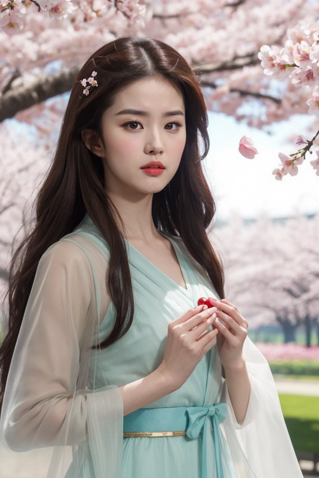 tienhiep, yifei hanfu, 
(Hands:1.1), better_hands, realhands
1girl, solo, long hair, looking at viewer, brown hair, brown eyes, flower, tree, lips, see-through, petals, bird, cherry blossoms, realistic, 