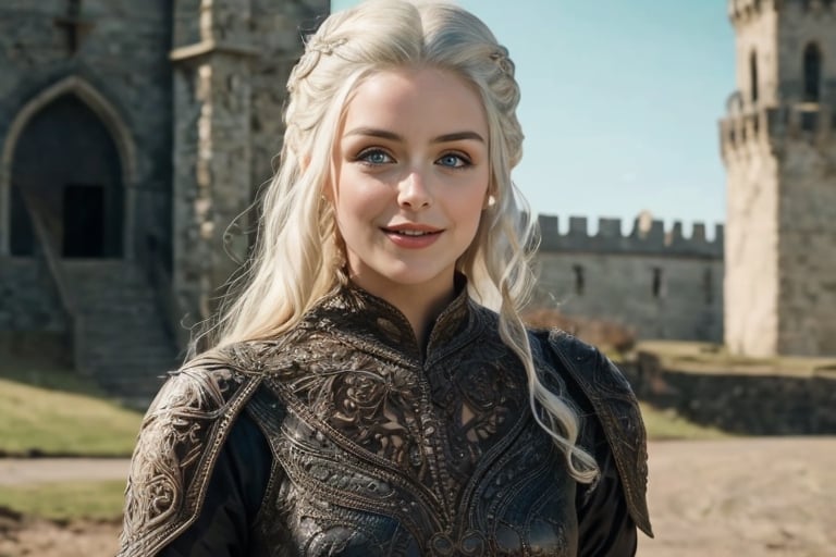 from Game of Thrones , (masterpiece), (extremely intricate:1.3), (realistic), portrait of a girl, the most beautiful in the world, (medieval armor), metal reflections, upper body, outdoors, intense sunlight, far away castle, professional photograph of a stunning woman detailed, sharp focus, dramatic, award winning, cinematic lighting, octane render, unreal engine, volumetrics dtx
full body, white hair, (high detailed skin:1.1)
seductive smile,lord of the rings (but careful with the word "lord"),lotr (alternatively)