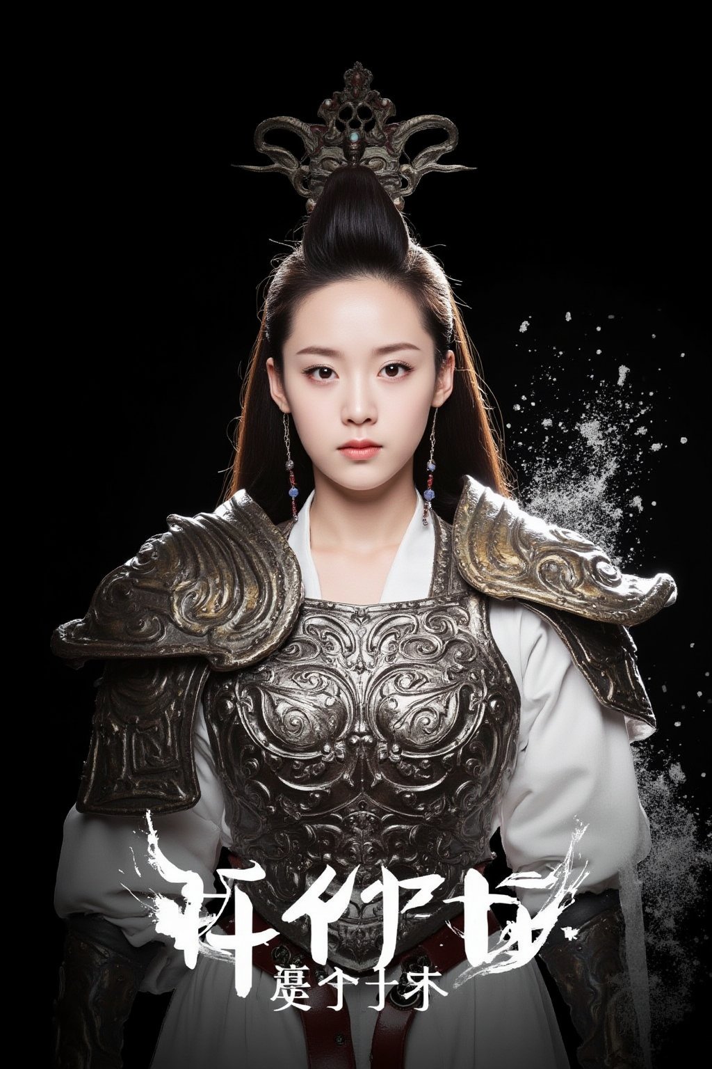 cfairy,
The image is a high-resolution photograph of a young East Asian woman, likely in her late teens or early twenties, dressed in traditional warrior attire. She has a fair complexion, long, straight black hair that is styled in an elaborate updo adorned with a decorative comb. Her facial features are delicate with a small, straight nose, and full lips.

She is wearing a white, long-sleeved tunic under a heavy, ornate metallic breastplate that covers her chest and shoulders. The breastplate is intricately designed with swirling patterns and intricate details, suggesting a high level of craftsmanship. It is a mix of silver and bronze, giving it a metallic sheen. Her attire also includes a brown leather belt that is worn low on her waist, adding a touch of earthy contrast to the otherwise metallic and white ensemble.

The background is solid black, which makes her attire and features stand out prominently. There are subtle splashes of white and silver particles scattered around her, adding a dynamic and almost ethereal feel to the image. The overall style is reminiscent of historical East Asian warrior attire, with a focus on both functionality and elegance. Dilireba.