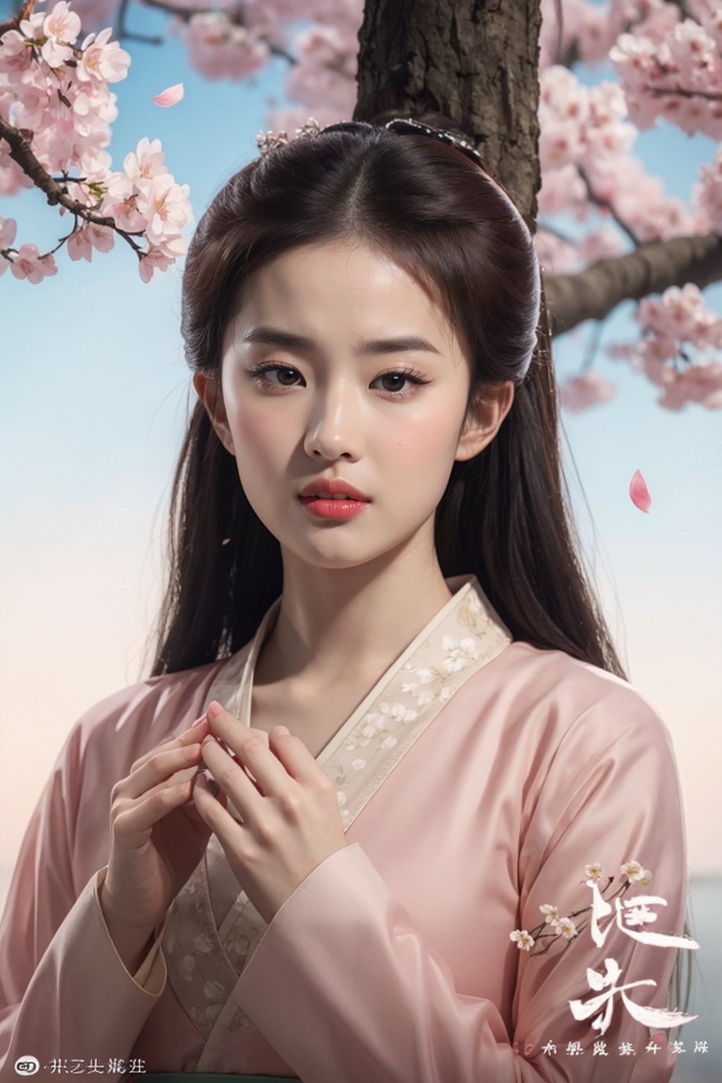 tienhiep, yifei hanfu, 
(Hands:1.1), better_hands, realhands
1girl, solo, long hair, looking at viewer, black hair, brown eyes, tree, lips, petals, cherry blossoms, realistic, chinese text