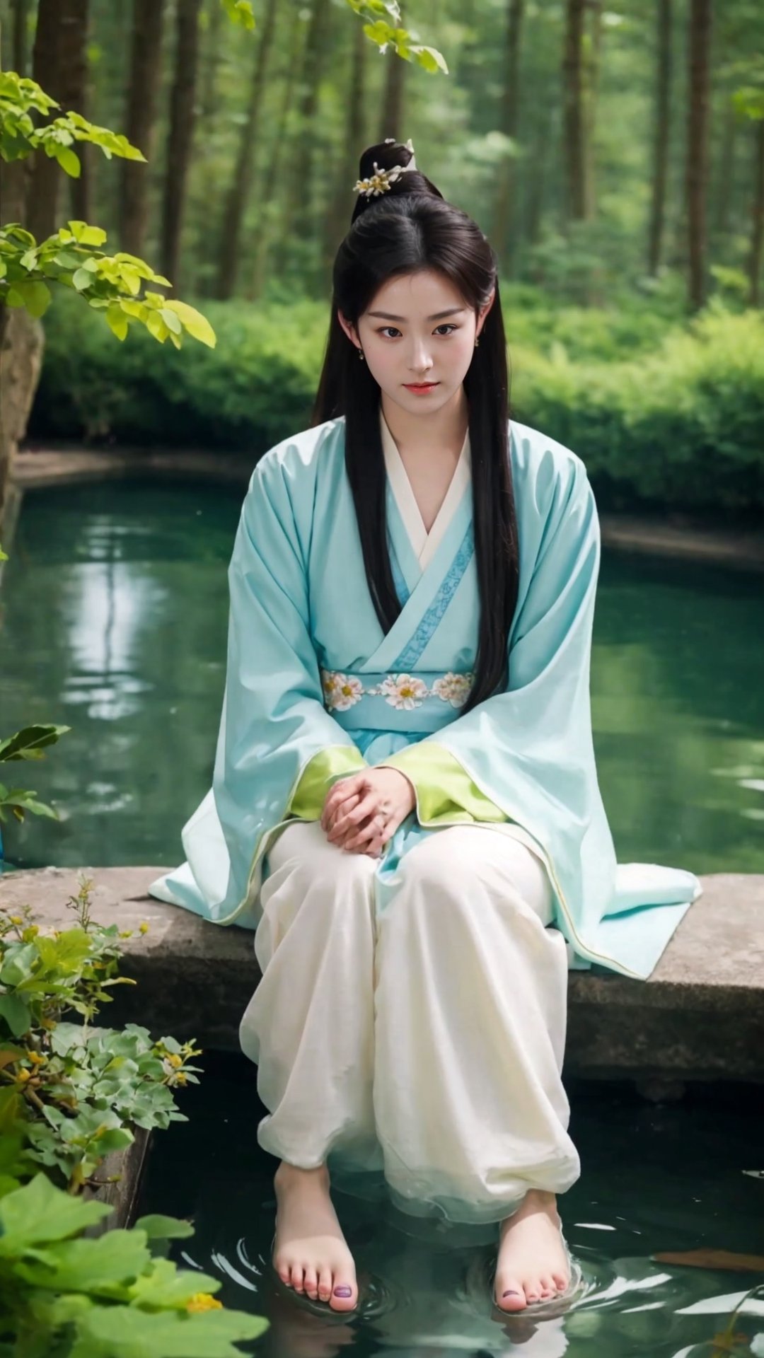 tienhiep, hanfu,
(Hands:1.1), better_hands, realhands
1girl, solo, long hair, black hair, sitting, flower, barefoot, water, from above, head rest, lantern, realistic