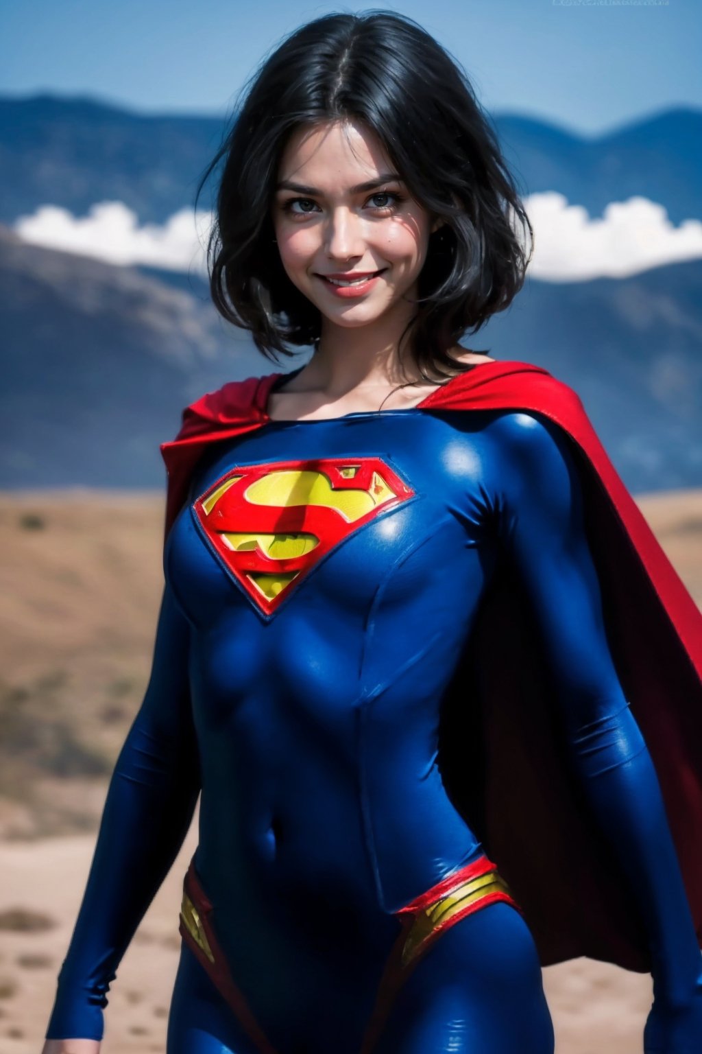 ASCII(cowboy shot), sfw, (masterpiece), (best quality:1.0), (ultra highres:1.0), detailed eyes 1girl, looking at viewer, dynamic pose, supermansuit, blue bodysuit, red cape, (battlefield, outdoors, gorgeous view), an epic superman from a multiverse flying at full speed towards the camera, smile
