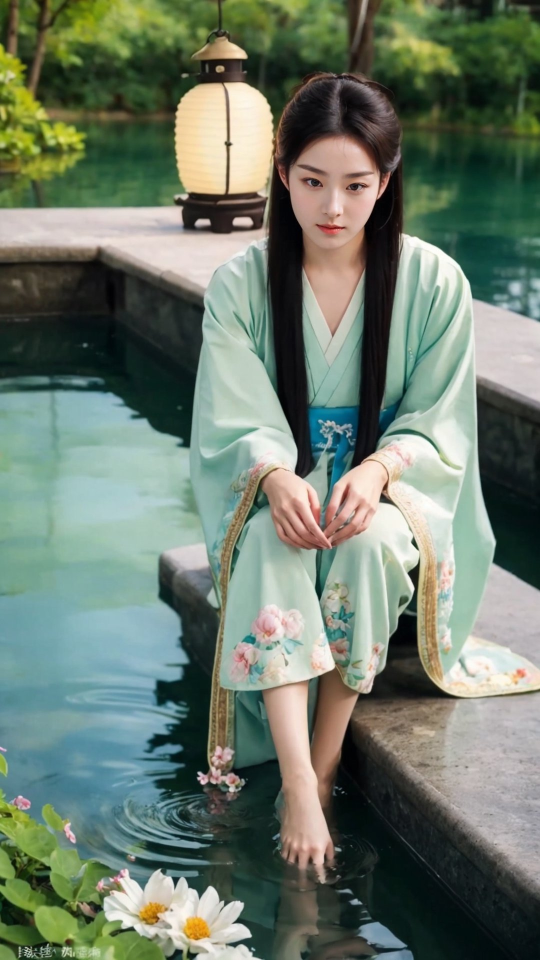 tienhiep, hanfu,
(Hands:1.1), better_hands, realhands
1girl, solo, long hair, black hair, sitting, flower, barefoot, water, from above, head rest, lantern, realistic