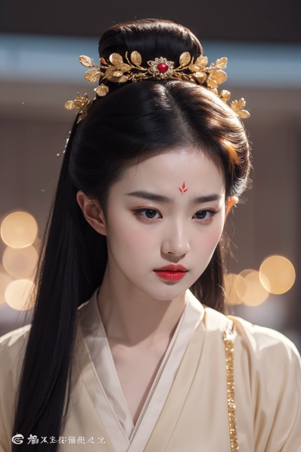 tienhiep, yifei hanfu, 
(Hands:1.1), better_hands, realhands
1girl, solo, long hair, black hair, hair ornament, upper body, black eyes, lips, makeup, facial mark, lipstick, forehead mark, red lips