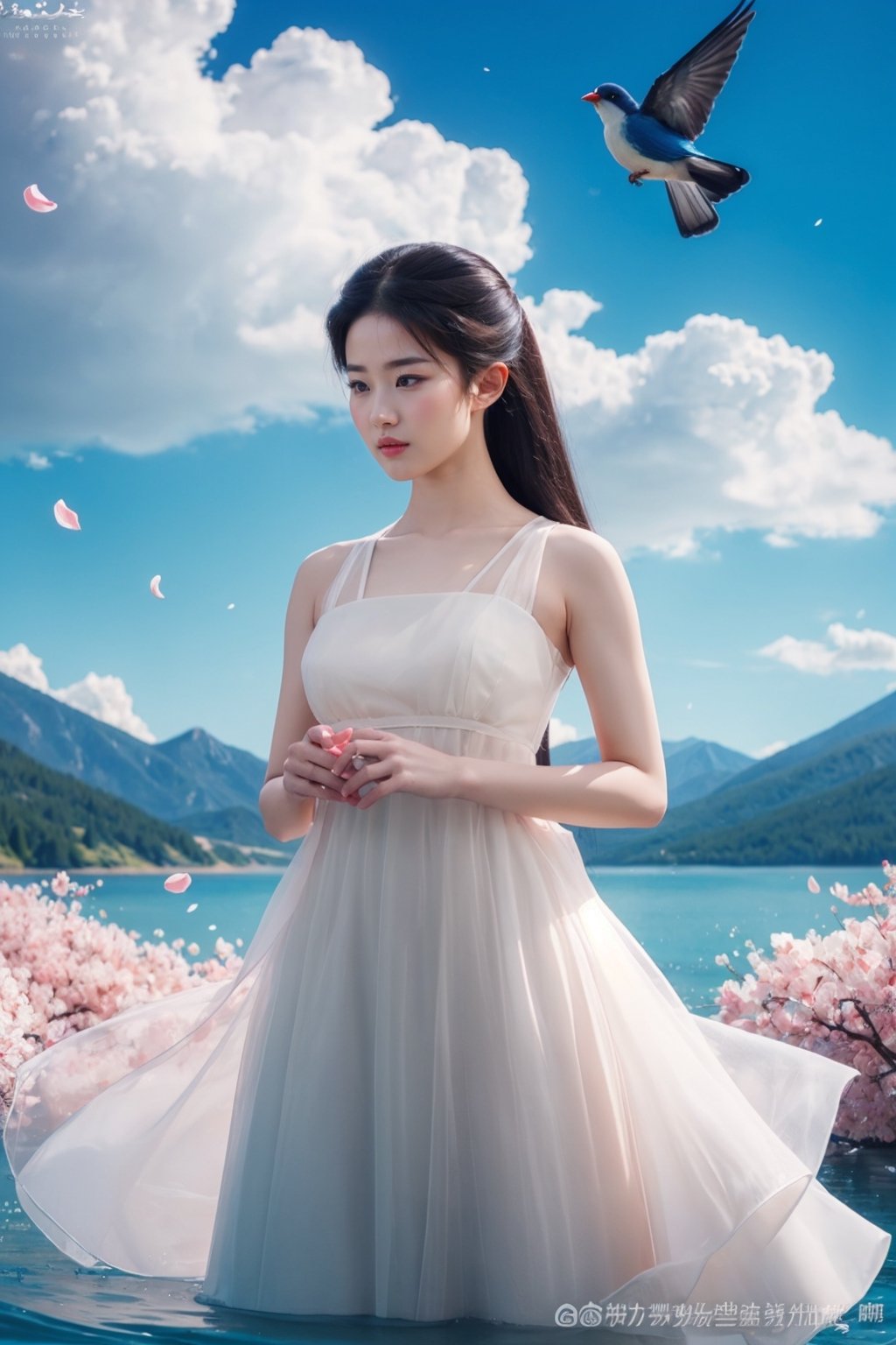 tienhiep, yifei hanfu, 
(Hands:1.1), better_hands, realhands
1girl, solo, long hair, black hair, dress, sky, cloud, water, white dress, petals, bird, watermark, mountain