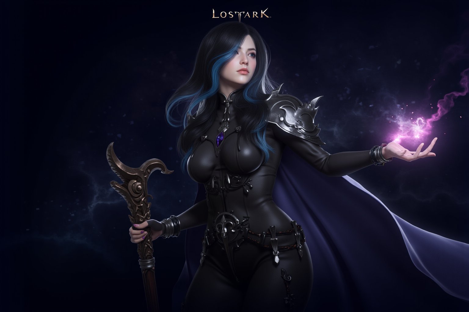 This is a highly detailed digital artwork depicting a fantasy character in a mystical, ethereal setting. The central figure is a female wizard with long, flowing black hair that transitions to a vibrant blue near the ends. She is dressed in a dark, form-fitting outfit adorned with intricate metallic designs and straps, giving her a priestess appearance. Her armor includes large, ornate shoulder pads and a high-collared cape that flutters behind her, hinting at movement. 

Her right hand is extended forward, creating a magical spark that emits a series of glowing, star-like particles. Her left hand holds a long, ornate staff topped with a glowing, pink crystal. The staff's texture is rough, with a wooden base and intricate metalwork. The character's expression is focused and serious, with a hint of determination.

The background is a gradient of dark blues and purples, with subtle star-like particles floating around her, enhancing the mystical atmosphere. The overall style is highly realistic, with attention to minute details in the character's armor and the magical effects. The image is titled "Lostark" at the top, suggesting it might be promotional art for a game or series.