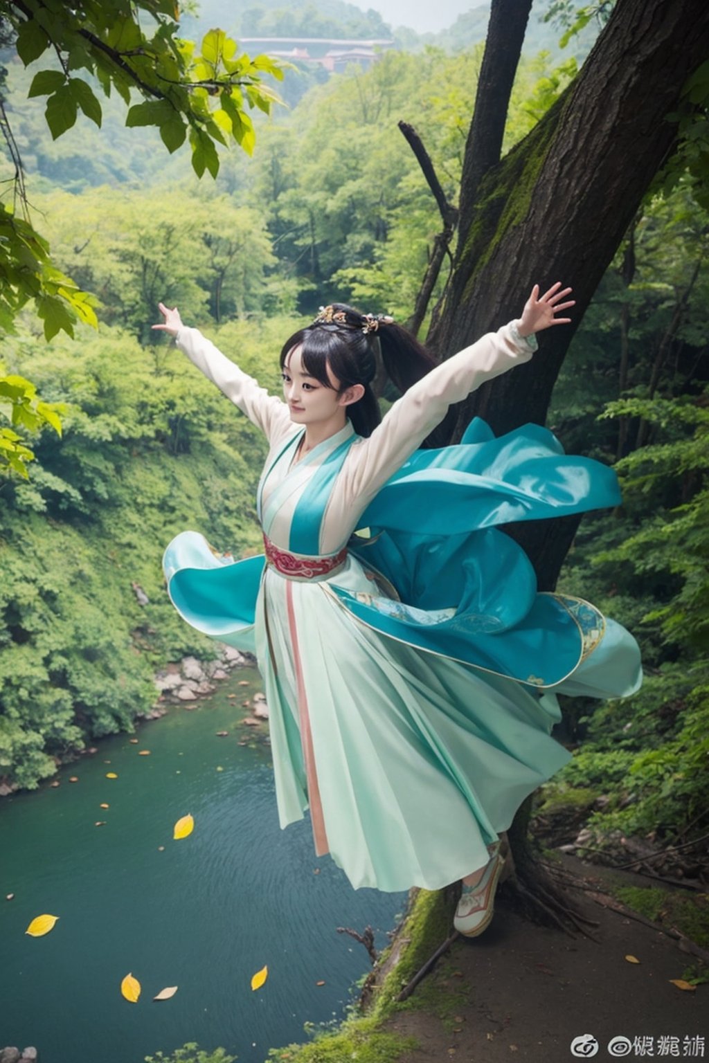 tienhiep, liying hanfu, 
(Hands:1.1), better_hands, realhands
1girl, solo, long hair, black hair, hair ornament, long sleeves, dress, ponytail, tree, leaf, from above, chinese clothes, outstretched arms,