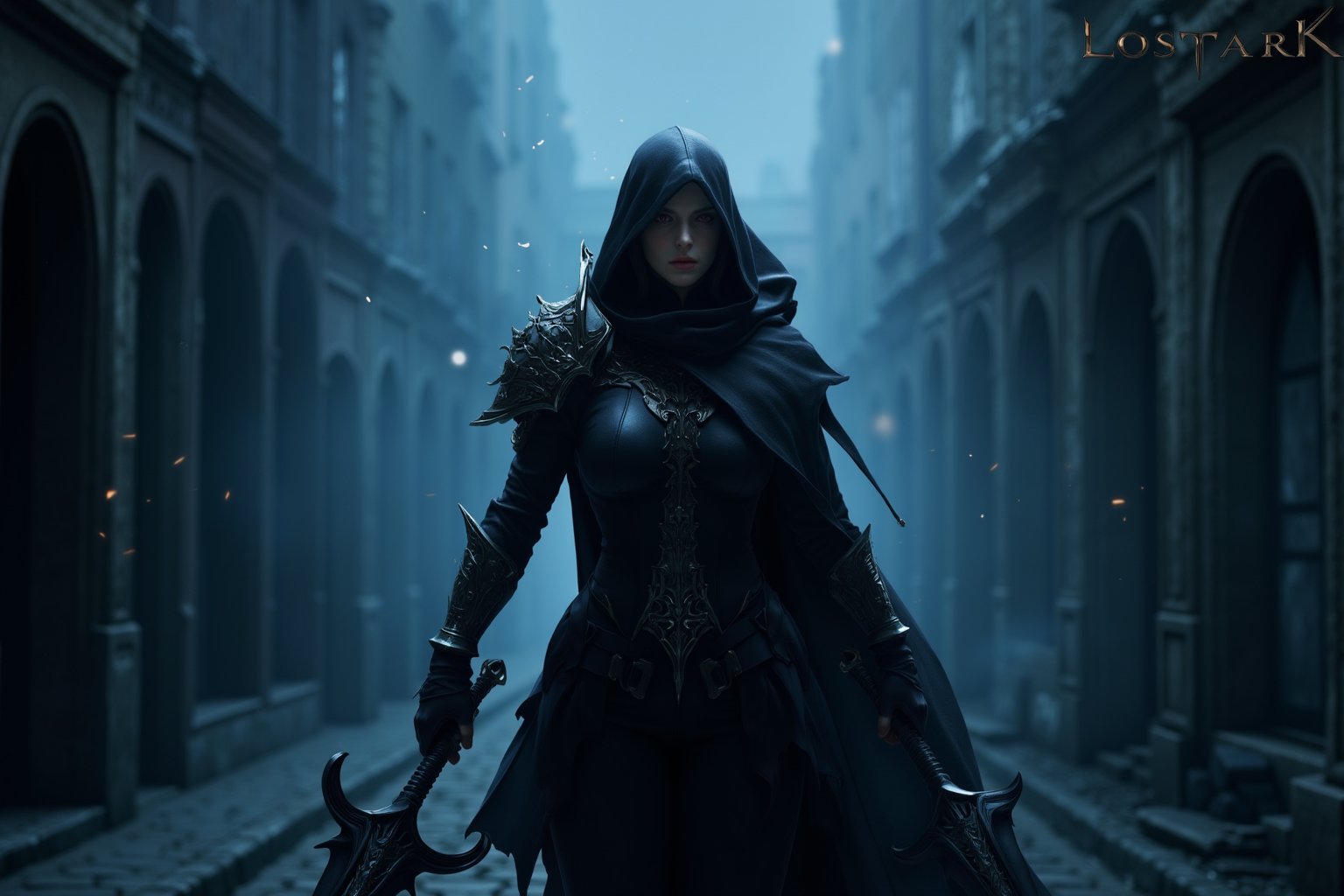 This is a digital artwork featuring a striking, dark fantasy character in a dimly lit, misty urban setting. The central figure is a female warrior with a menacing, determined expression. She is clad in intricate, black, armored clothing that blends seamlessly with her dark, hooded cloak, which flutters slightly in the unseen breeze. Her face is partially obscured by the hood, but her piercing red eyes are visible, adding to her fierce demeanor. She wields two large, curved, black-bladed swords, each held in a ready position, emphasizing her readiness for combat.

The background showcases an abandoned, cobblestone street lined with decrepit buildings, bathed in a blue-tinted light that creates a haunting atmosphere. The mist and fog further enhance the eerie ambiance, with small particles of light floating in the air, adding to the mystical feel. The overall color palette is dominated by shades of dark blue, black, and grey, with subtle highlights of silver and gold on the armor. The artist's signature, "Lostark," is subtly placed in the top right corner, indicating the work's affiliation with the game "Lostark." This image exudes a sense of foreboding and readiness, capturing the essence of a powerful, enigmatic character in a fantast