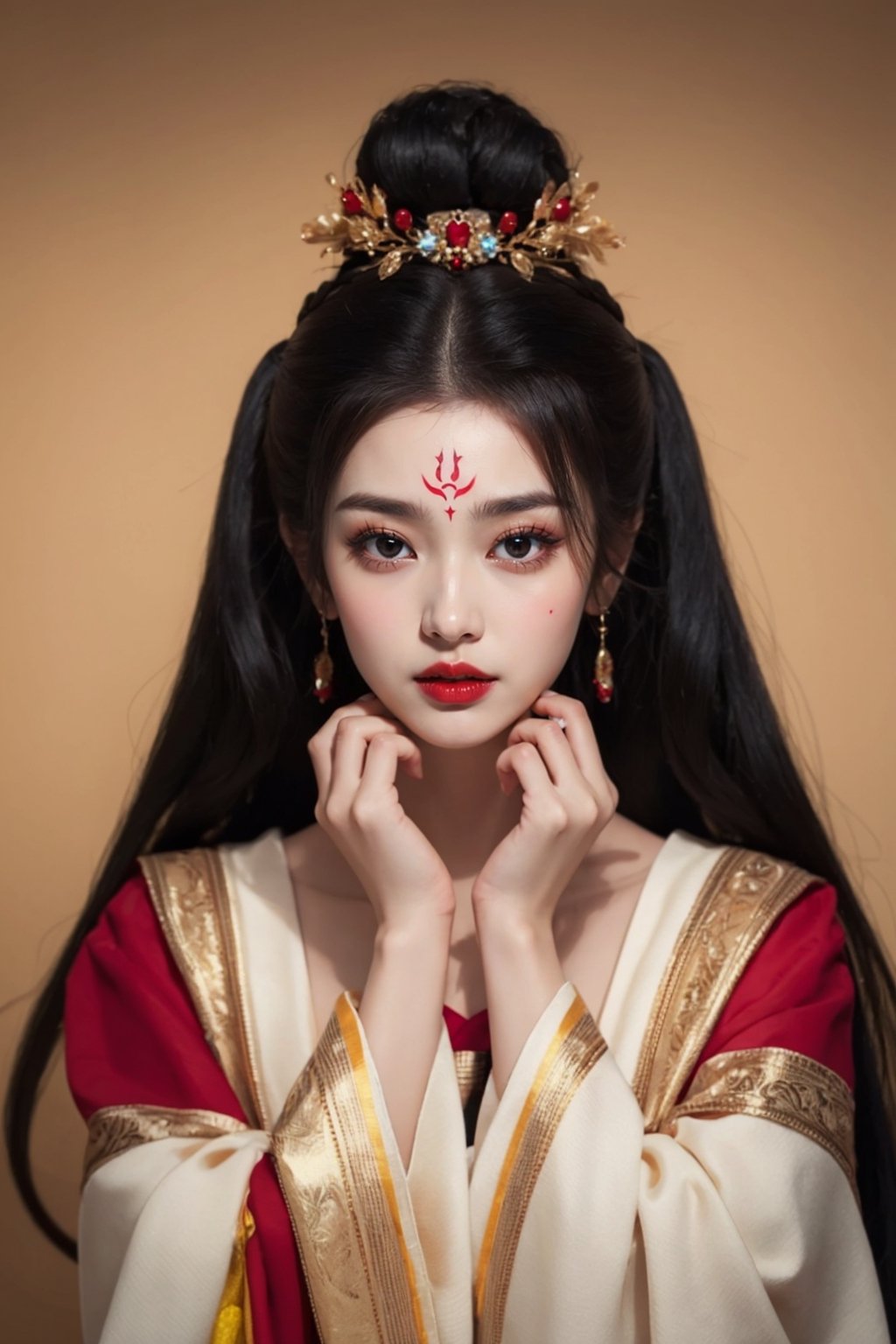 (Hands:1.1), better_hands, realhands1girl, solo, long hair, black hair, hair ornament, upper body, black eyes, lips, makeup, facial mark, lipstick, forehead mark, red lips