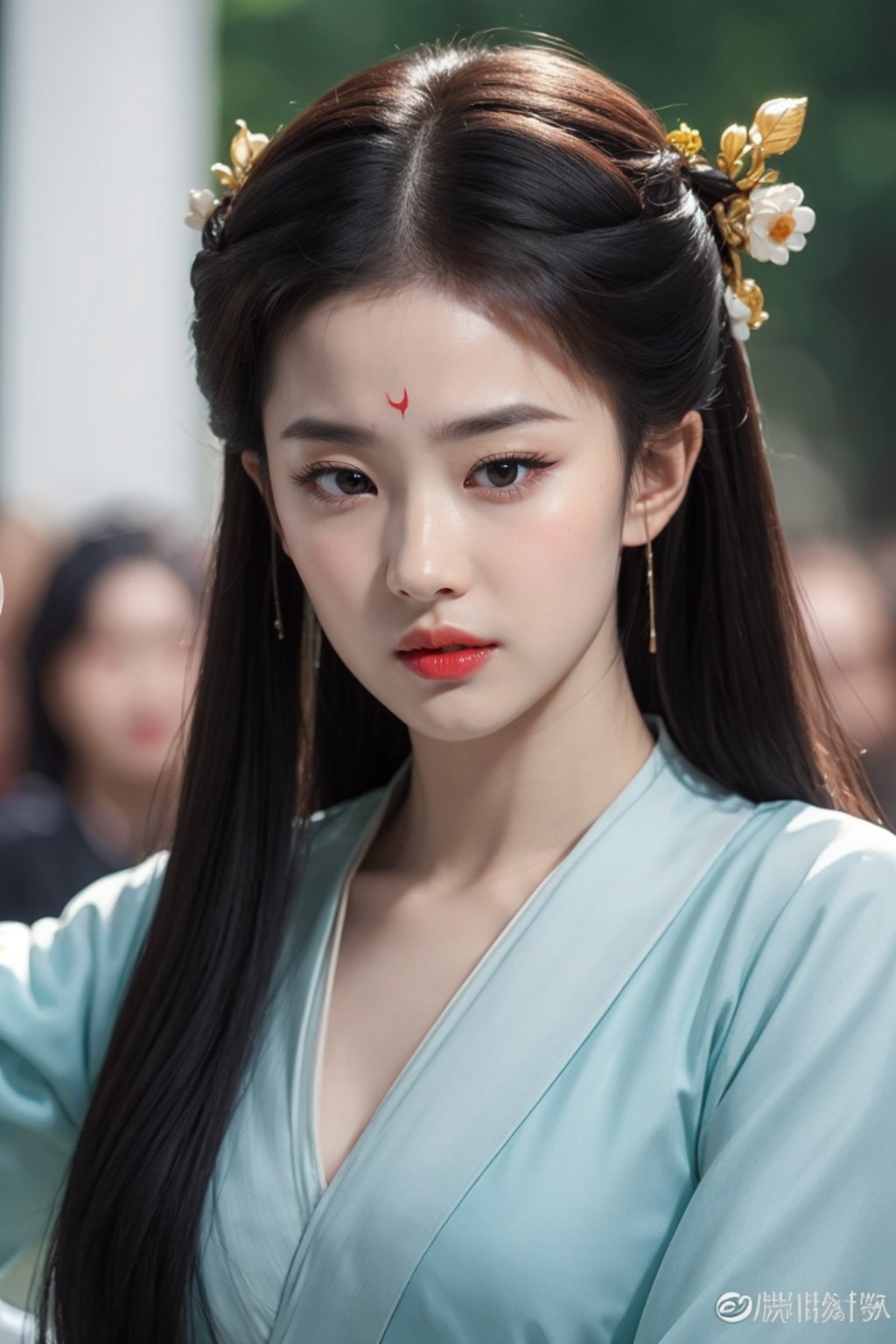 tienhiep, yifei hanfu, 
(Hands:1.1), better_hands, realhands
1girl, solo, long hair, black hair, hair ornament, upper body, black eyes, lips, makeup, facial mark, lipstick, forehead mark, red lips