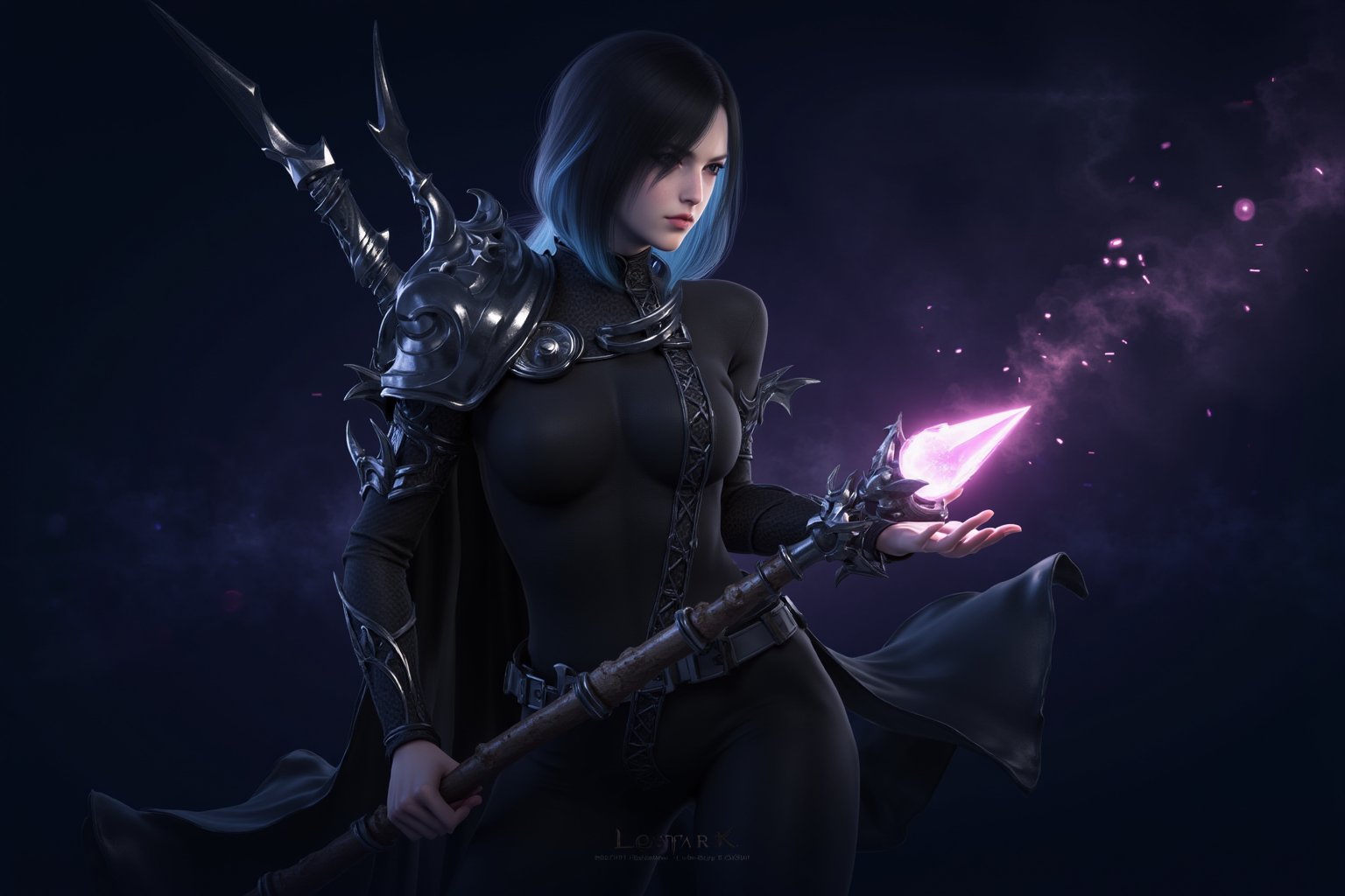 This is a highly detailed digital artwork depicting a fantasy character in a mystical, ethereal setting. The central figure is a female wizard with long, flowing black hair that transitions to a vibrant blue near the ends. She is dressed in a dark, form-fitting outfit adorned with intricate metallic designs and straps, giving her a priestess appearance. Her armor includes large, ornate shoulder pads and a high-collared cape that flutters behind her, hinting at movement. 

Her right hand is extended forward, creating a magical spark that emits a series of glowing, star-like particles. Her left hand holds a long, ornate staff topped with a glowing, pink crystal. The staff's texture is rough, with a wooden base and intricate metalwork. The character's expression is focused and serious, with a hint of determination.

The background is a gradient of dark blues and purples, with subtle star-like particles floating around her, enhancing the mystical atmosphere. The overall style is highly realistic, with attention to minute details in the character's armor and the magical effects. The image is titled "Lostark" at the top, suggesting it might be promotional art for a game or series.