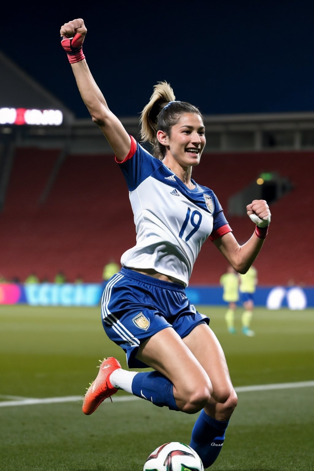 playing soccer, soccer uniform, World Cup, football pitch, crowded stadium, ponytail, focused, athletic, looking at viewer, stadium lights, USWMT, excited, leaping, goal, pumping fist, victory, elated, (masterpiece, high quality, extremely detailed, absurdres:1.2)