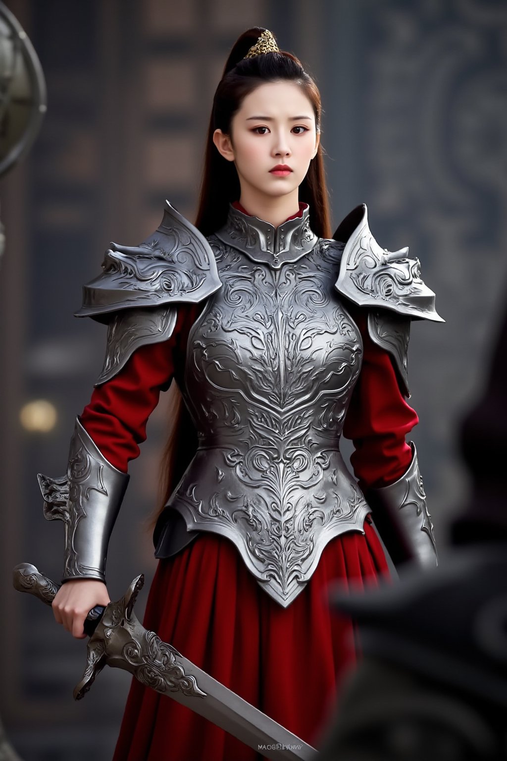 cfairy,
The image is a high-resolution, digitally enhanced photograph of a young woman dressed in elaborate medieval armor. She stands in a defensive stance, holding a sword in her right hand, which is partially visible at the bottom of the frame. Her armor is intricately designed with ornate, detailed patterns, featuring dragon motifs and intricate scrollwork. The armor is predominantly silver with a deep red undertone, and it covers her chest and shoulders, with additional pieces on her arms and legs. Her attire consists of a red, flowing robe that contrasts sharply with the metallic armor.

Her long, dark hair is pulled back into a high ponytail adorned with a golden, ornate hairpin. Her facial features are sharply defined, with a focused, determined expression. The background is blurred but suggests a historical setting, possibly a castle or an ancient battlefield, with blurred wooden structures and what appears to be a large, circular shield on the left side. The overall color palette is dominated by the deep reds and silvers of her armor, with muted grays and blacks in the background, enhancing the dramatic effect of the image. The lighting is soft and diffused, creating a slightly ethereal mood. liqin.