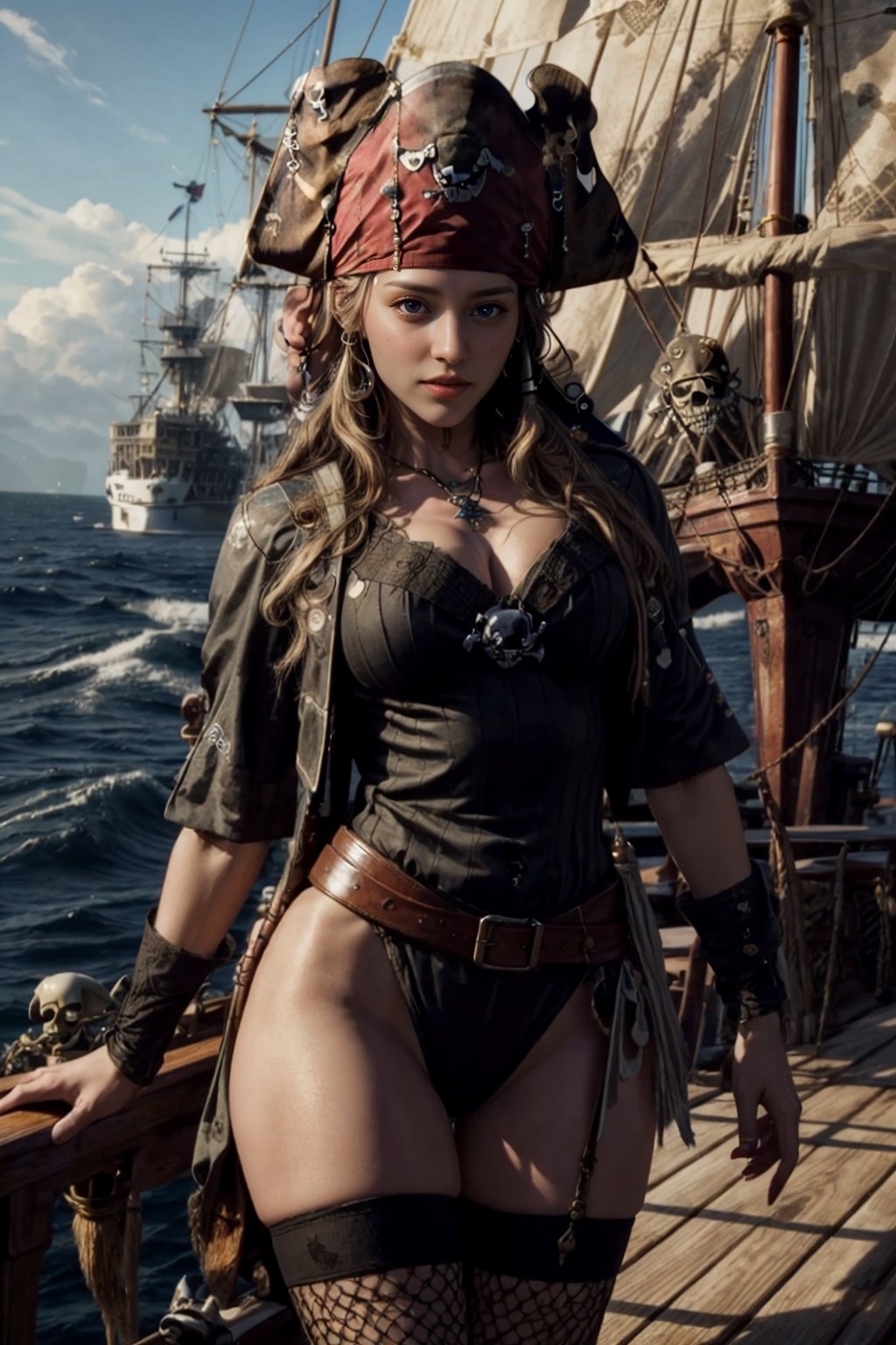 masterpiece, 4k, sfw((best quality)), ((masterpiece)), ((realistic)), (detailed), portrait of a photorealistic samaraW1, (aboard a pirate ship:1.50), 8k resolution, absurdres, HDR, black fishnet thighhighs, beard (high detailed skin:1.1) ,self suck