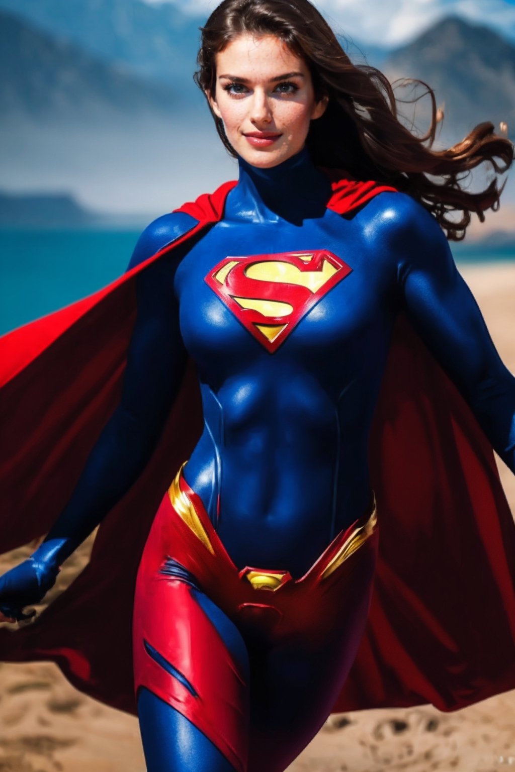 ASCII(cowboy shot), sfw, (masterpiece), (best quality:1.0), (ultra highres:1.0), detailed eyes 1girl, looking at viewer, dynamic pose, supermansuit, blue bodysuit, red cape, (battlefield, outdoors, gorgeous view), an epic superman from a multiverse flying at full speed towards the camera, smile
