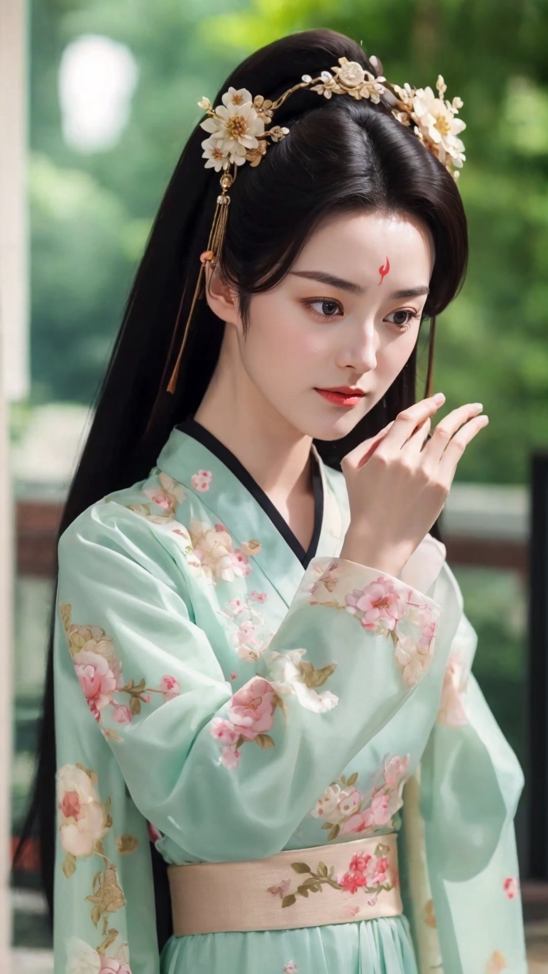 tienhiep, hanfu,
(Hands:1.1), better_hands, realhands
1girl, solo, long hair, black hair, hair ornament, long sleeves, upper body, flower, see-through, blurry background, facial mark, chinese clothes, forehead mark, realistic, hanfu, tienhiep