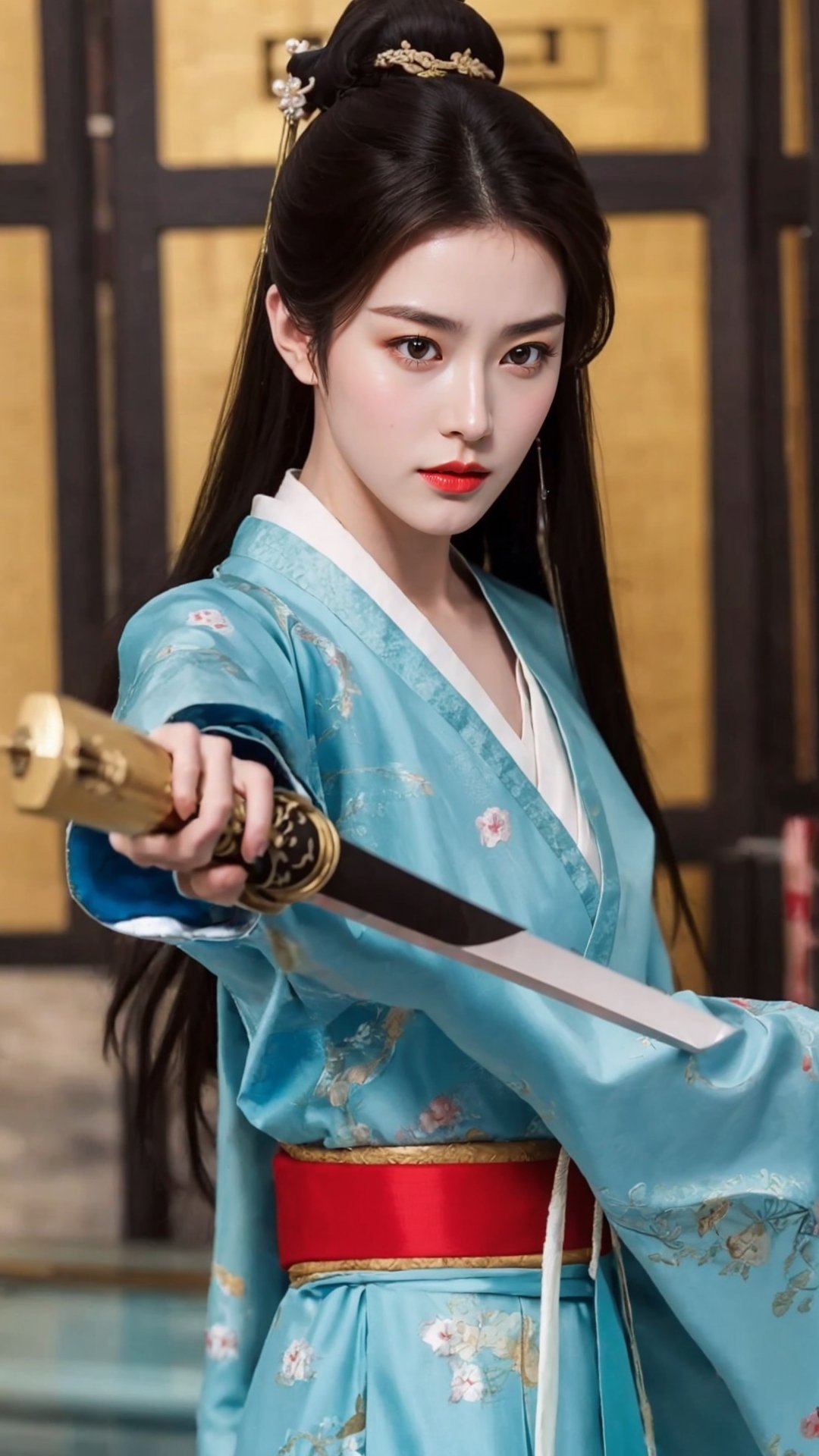 tienhiep, hanfu,
fairy hanfu, 1girl, solo, long hair, looking at viewer, black hair, hair ornament, long sleeves, holding, brown eyes, upper body, weapon, japanese clothes, sword, wide sleeves, hair bun, holding weapon, lips, holding sword, chinese clothes, sheath, robe, realistic, red lips, unsheathing, hanfu, tienhiep