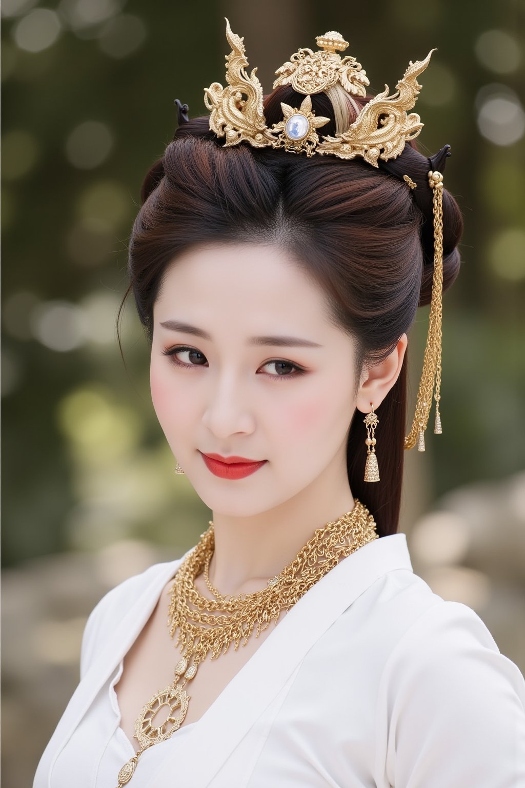 The image is a high-resolution photograph of a Chinese woman with a serene expression, captured in soft, natural light. She has fair skin and delicate features, with a refined, almost ethereal quality. Her hair is styled in an elaborate updo adorned with an ornate golden crown featuring intricate dragon motifs and a central gemstone. The crown's ribbons cascade down her back, adding a regal touch to her attire. She wears a traditional white Dunhuang attire, a form-fitting dress that drapes elegantly over her shoulders, and her makeup is minimalistic yet accentuating her natural beauty with a touch of red lipstick. Around her neck, she wears multiple layers of gold necklaces with intricate designs, and her earrings are long and dangling, adding a touch of elegance. The background is blurred, suggesting an outdoor setting, possibly a garden or a traditional Chinese courtyard. The overall composition exudes a sense of timeless beauty and cultural heritage, with a focus on the woman's face and attire, which are the central subjects of the photograph. duling.