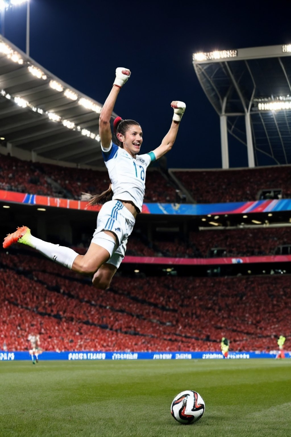 playing soccer, soccer uniform, World Cup, football pitch, crowded stadium, ponytail, focused, athletic, looking at viewer, stadium lights, USWMT, excited, leaping, goal, pumping fist, victory, elated, (masterpiece, high quality, extremely detailed, absurdres:1.2)