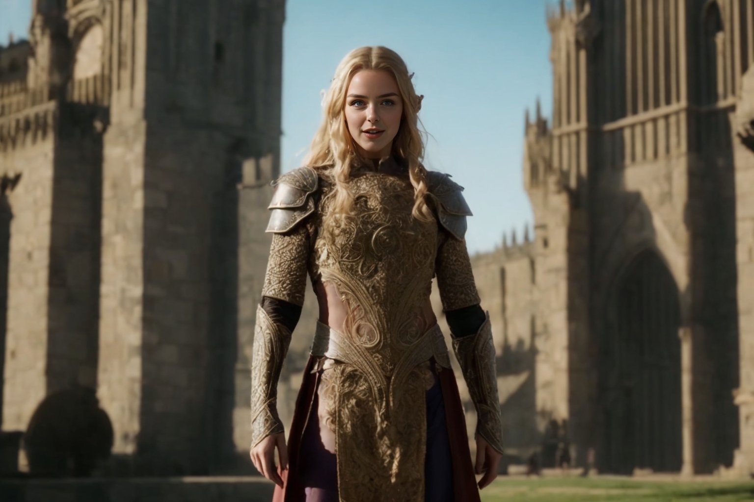 from lord of the rings,  (masterpiece),  (extremely intricate:1.3),  (realistic),  1girl, full body, female focused, the most beautiful in the world,  (medieval armor),  metal reflections,  upper body,  outdoors,  intense sunlight,  far away castle,  professional photograph of a stunning woman detailed,  sharp focus,  dramatic,  award winning,  cinematic lighting,  octane render,  unreal engine,  volumetrics dtx,  full body,  (high detailed skin:1.1), lord of the rings (but careful with the word "lord"),lord of the rings (but careful with the word "lord")