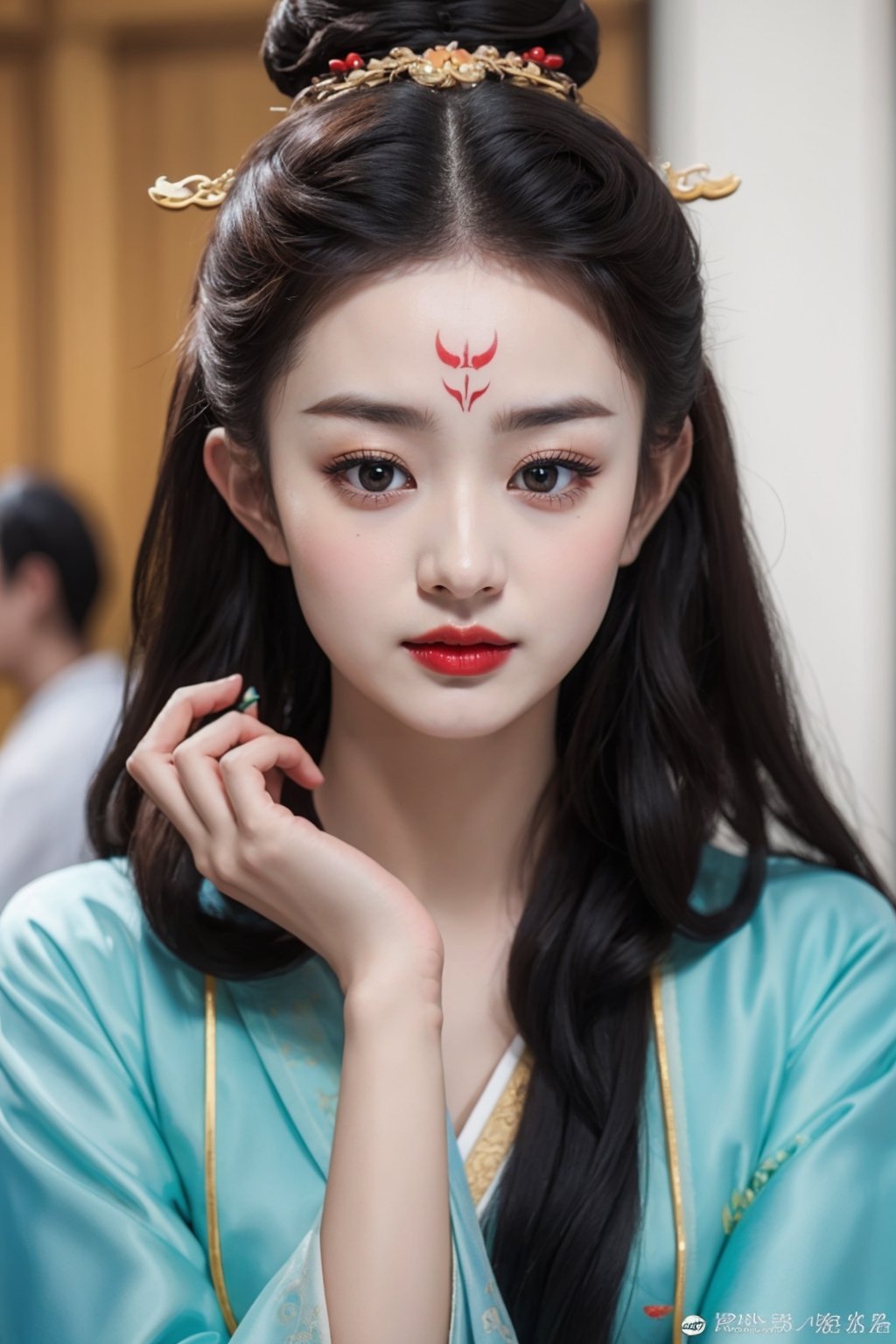 tienhiep, liying hanfu, 
(Hands:1.1), better_hands, realhands
1girl, solo, long hair, black hair, hair ornament, upper body, black eyes, lips, makeup, facial mark, lipstick, forehead mark, red lips