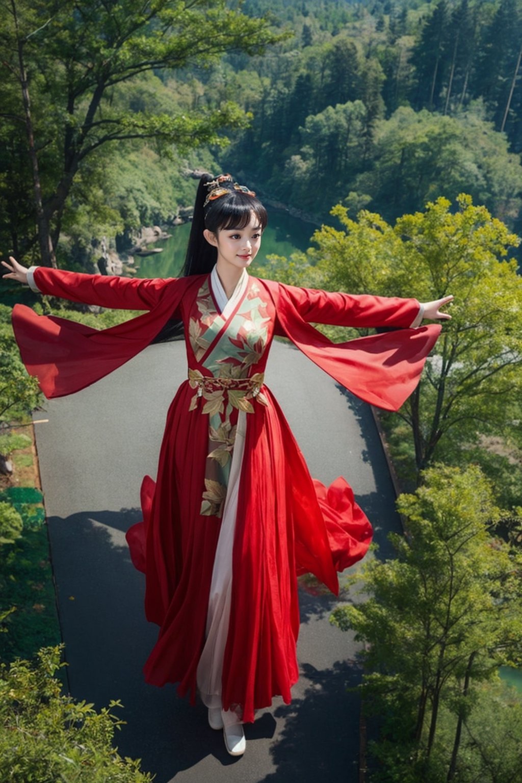 tienhiep, liying hanfu, 
(Hands:1.1), better_hands, realhands
1girl, solo, long hair, black hair, hair ornament, long sleeves, dress, ponytail, tree, leaf, from above, chinese clothes, outstretched arms,