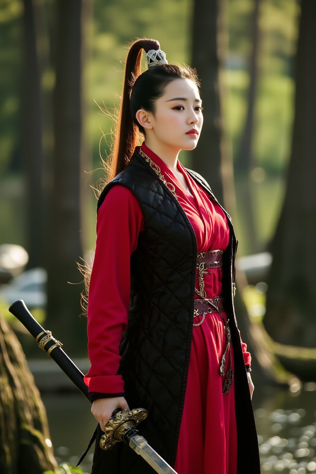 cfairy,
This is a high-resolution photograph of a young woman in a traditional Chinese martial arts attire, standing in a serene, forested landscape. The woman, with an East Asian appearance, has a fair complexion and long, dark hair tied back in a high ponytail adorned with a white hairpin. She is dressed in a deep red, long-sleeved tunic with a black, quilted vest and matching pants. The outfit is designed for combat, featuring intricate patterns and textures, with the vest showcasing a layered, quilted design.

In her right hand, she holds a long, double-edged sword with a black handle and a decorative, gold-plated guard. The sword is held horizontally, with the blade pointing downwards. The background features tall trees with rough, textured bark, and a tranquil, reflective body of water that mirrors the surrounding greenery. The sunlight filters through the trees, casting a soft, golden glow that enhances the serene atmosphere of the scene. The overall color palette is dominated by earthy tones, with the deep red of her outfit contrasting sharply with the muted greens of the forest and the soft, warm light. The image exudes a sense of tranquility and readiness, blending traditional attire with a contemporary, high-resolution photography style. ZhuXuDan.