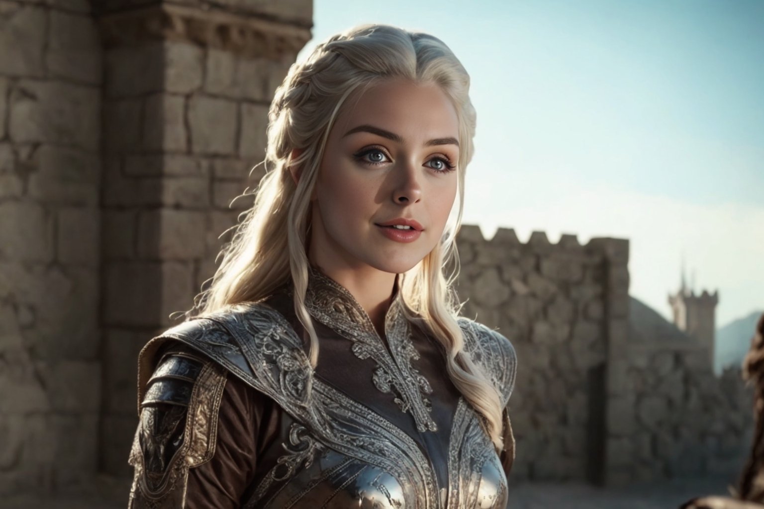 from Game of Thrones,  (masterpiece),  (extremely intricate:1.3),  (realistic),  portrait of a girl,  the most beautiful in the world,  (medieval armor),  metal reflections,  upper body,  outdoors,  intense sunlight,  far away castle,  professional photograph of a stunning woman detailed,  sharp focus,  dramatic,  award winning,  cinematic lighting,  octane render,  unreal engine,  volumetrics dtx
full body,  white hair,  (high detailed skin:1.1)