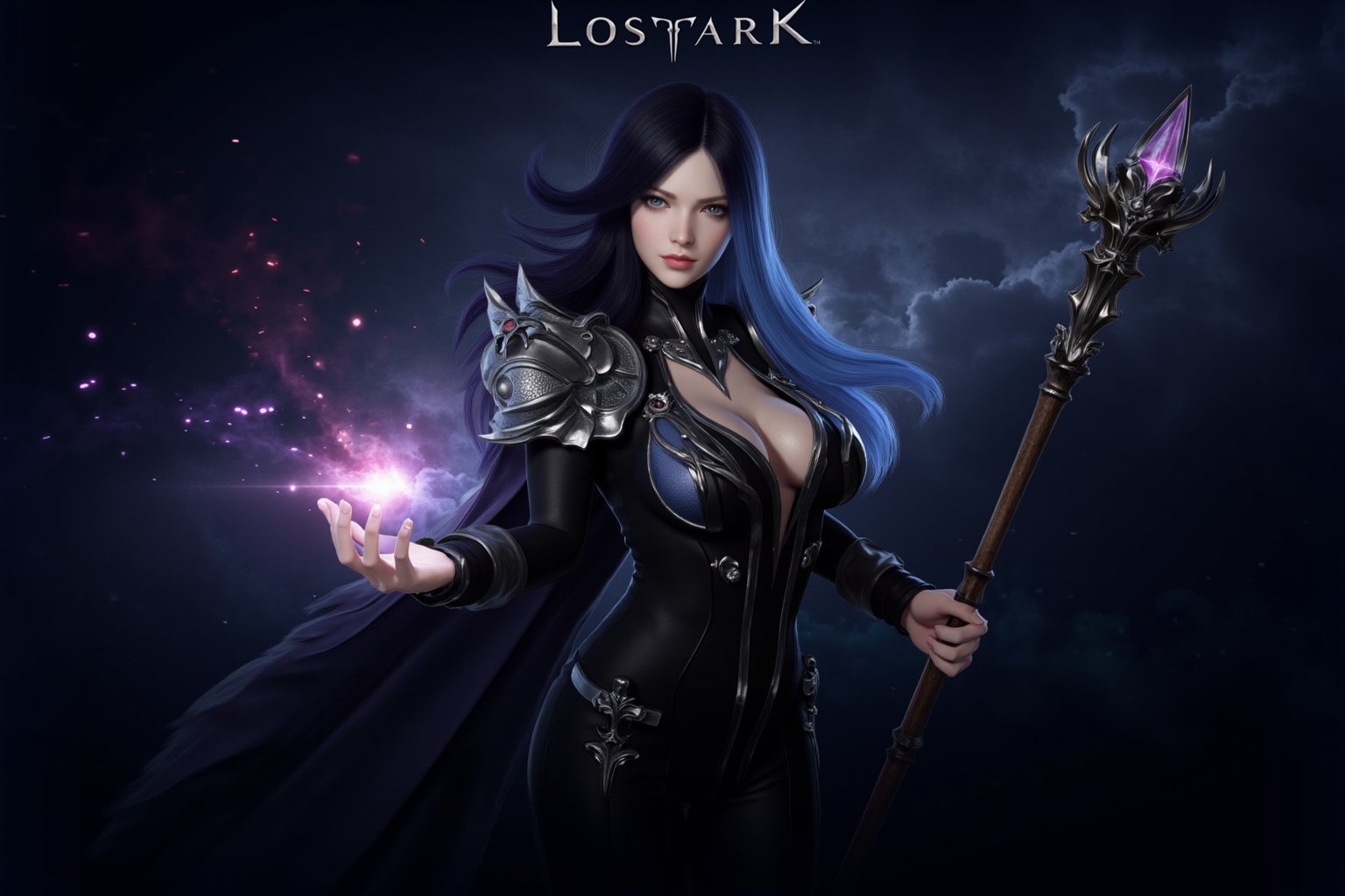 This is a highly detailed digital artwork depicting a fantasy character in a mystical, ethereal setting. The central figure is a female wizard with long, flowing black hair that transitions to a vibrant blue near the ends. She is dressed in a dark, form-fitting outfit adorned with intricate metallic designs and straps, giving her a priestess appearance. Her armor includes large, ornate shoulder pads and a high-collared cape that flutters behind her, hinting at movement. 

Her right hand is extended forward, creating a magical spark that emits a series of glowing, star-like particles. Her left hand holds a long, ornate staff topped with a glowing, pink crystal. The staff's texture is rough, with a wooden base and intricate metalwork. The character's expression is focused and serious, with a hint of determination.

The background is a gradient of dark blues and purples, with subtle star-like particles floating around her, enhancing the mystical atmosphere. The overall style is highly realistic, with attention to minute details in the character's armor and the magical effects. The image is titled "Lostark" at the top, suggesting it might be promotional art for a game or series.