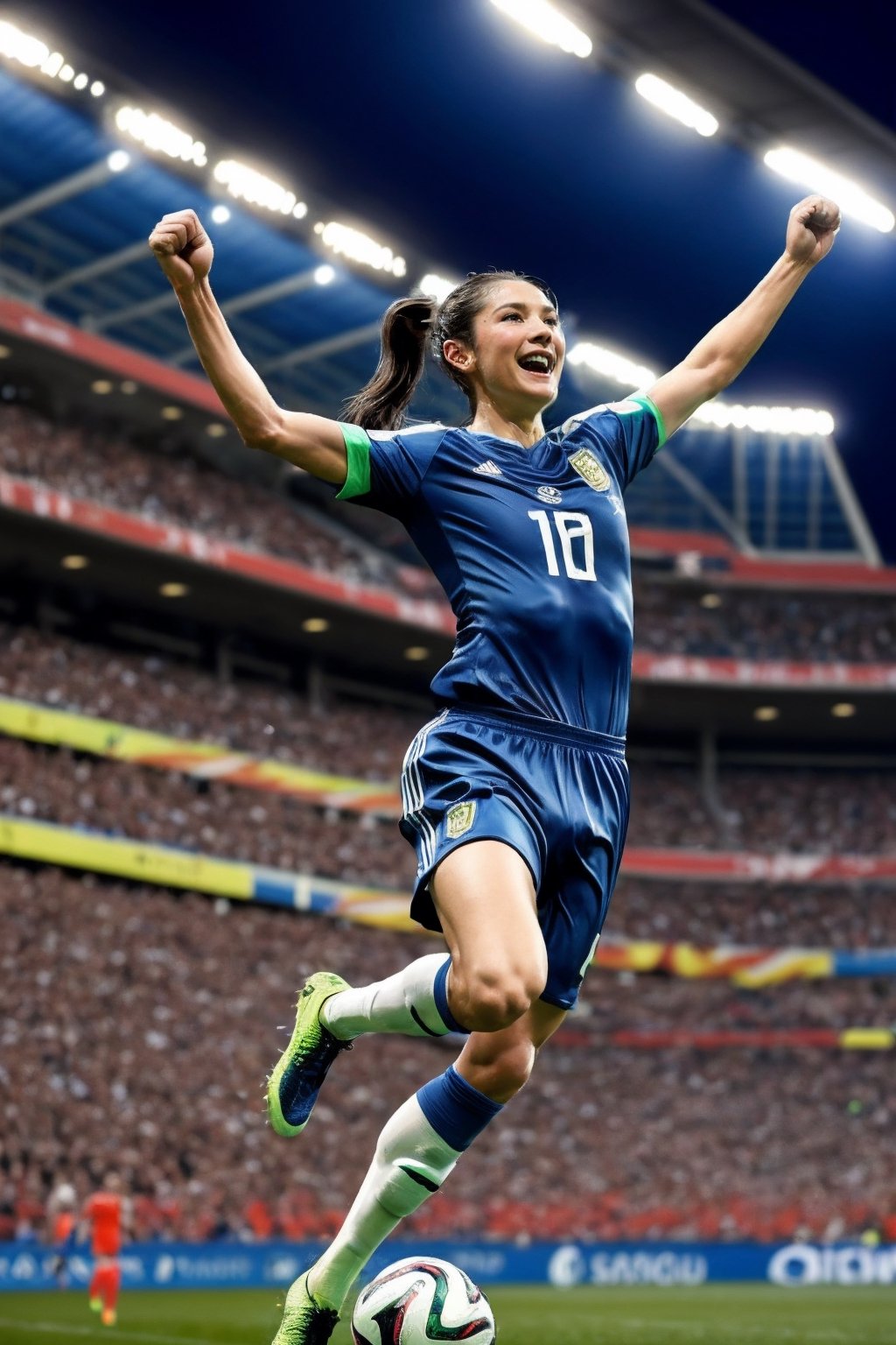 playing soccer, soccer uniform, World Cup, football pitch, crowded stadium, ponytail, focused, athletic, looking at viewer, stadium lights, USWMT, excited, leaping, goal, pumping fist, victory, elated, (masterpiece, high quality, extremely detailed, absurdres:1.2)