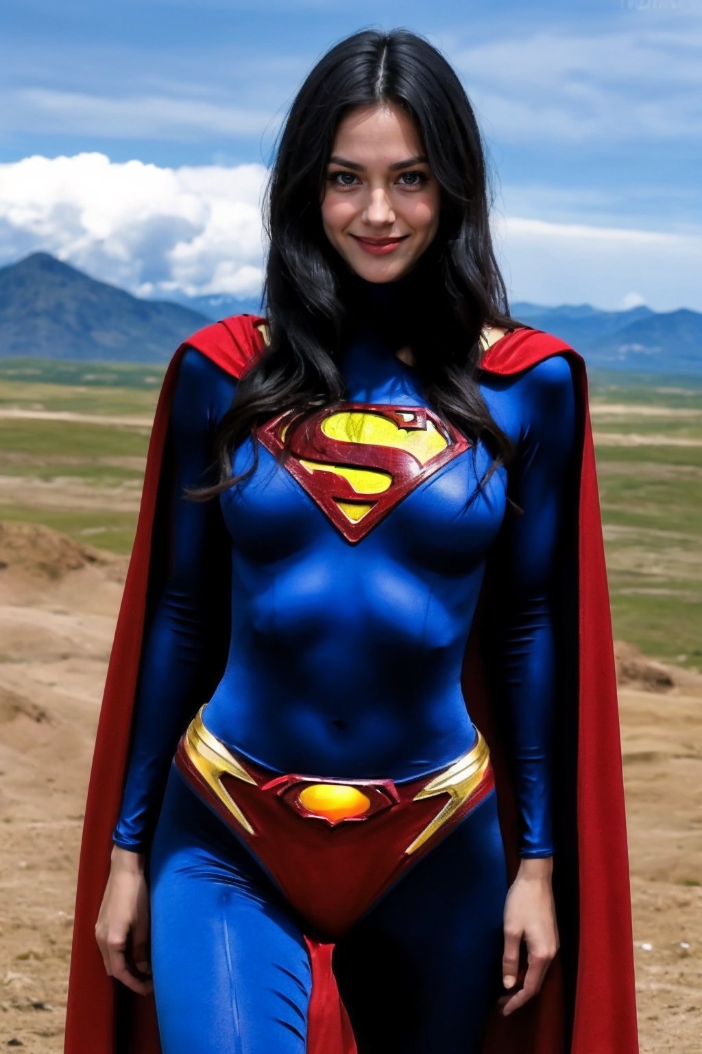 ASCII(cowboy shot), sfw, (masterpiece), (best quality:1.0), (ultra highres:1.0), detailed eyes 1girl, looking at viewer, dynamic pose, supermansuit, blue bodysuit, red cape, (battlefield, outdoors, gorgeous view), an epic superman from a multiverse flying at full speed towards the camera, smile
