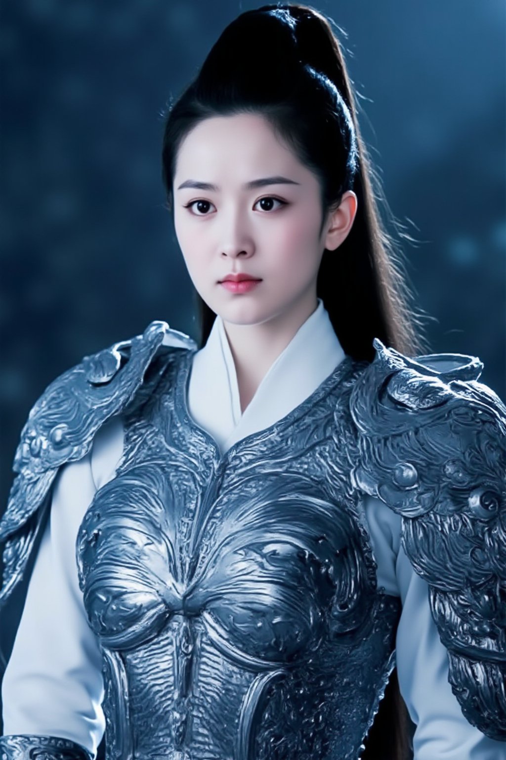 cfairy,
This is a high-resolution photograph of a young East Asian woman in traditional Chinese armor, likely from a historical period. The image captures her from the waist up, showing her face and upper body. She has a fair complexion with smooth skin, and her dark hair is styled in a high ponytail, cascading down her back. Her expression is calm and composed, with her lips slightly parted and her eyes looking directly at the camera.

She is adorned in an intricately detailed, silver-plated armor that covers her shoulders and chest. The armor is adorned with ornate, overlapping scales and patterns, giving it a highly textured and reflective appearance. The armor is fastened with a belt at her waist, and the sleeves of her white, high-collared tunic are visible underneath, suggesting a mix of traditional and modern attire.

The background is blurred, focusing attention on the subject. The lighting is soft and diffused, casting a cool, blueish hue over the scene, enhancing the metallic sheen of the armor. The overall mood is serene and regal, emphasizing the historical and cultural significance of the attire. bingYan.