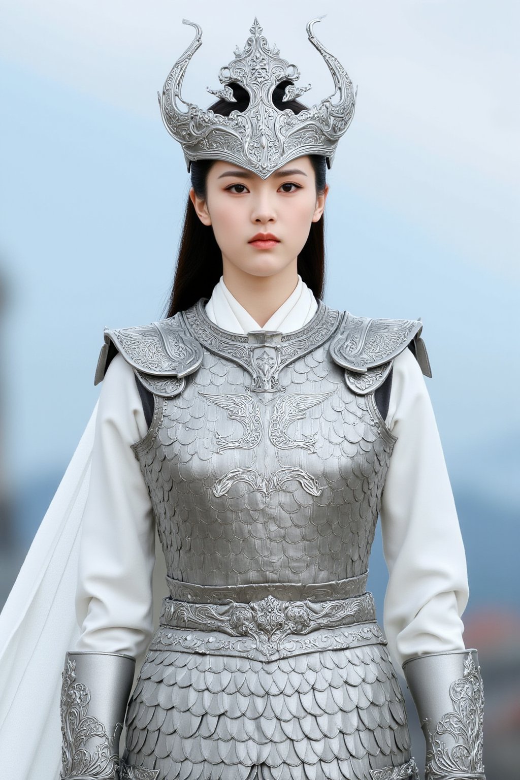 cfairy,
The image is a high-resolution photograph featuring a young woman dressed in traditional Chinese armor. She has a fair skin tone, delicate features, and is of East Asian descent. Her hair is dark and styled in a simple, sleek manner, pulled back from her face. She wears an ornate, silver helmet adorned with intricate floral patterns, which sits atop her head.

Her armor is equally elaborate, consisting of a breastplate covered in overlapping scales, each meticulously crafted with a silver sheen. The breastplate features an ornate, detailed design with symmetrical patterns and an embossed, stylized bird motif at the center. A matching belt with a similar scale pattern is cinched around her waist, securing the armor.

She wears a white, long-sleeved tunic underneath the armor, which is visible at the neckline and sleeves. The fabric appears to be soft and light, contrasting with the heavy, metallic texture of the armor. The background is a soft, blurred gradient of blue and white, suggesting an outdoor setting with clear skies. The overall composition emphasizes the intricacy and craftsmanship of her armor, which is a focal point of the image. bingYan