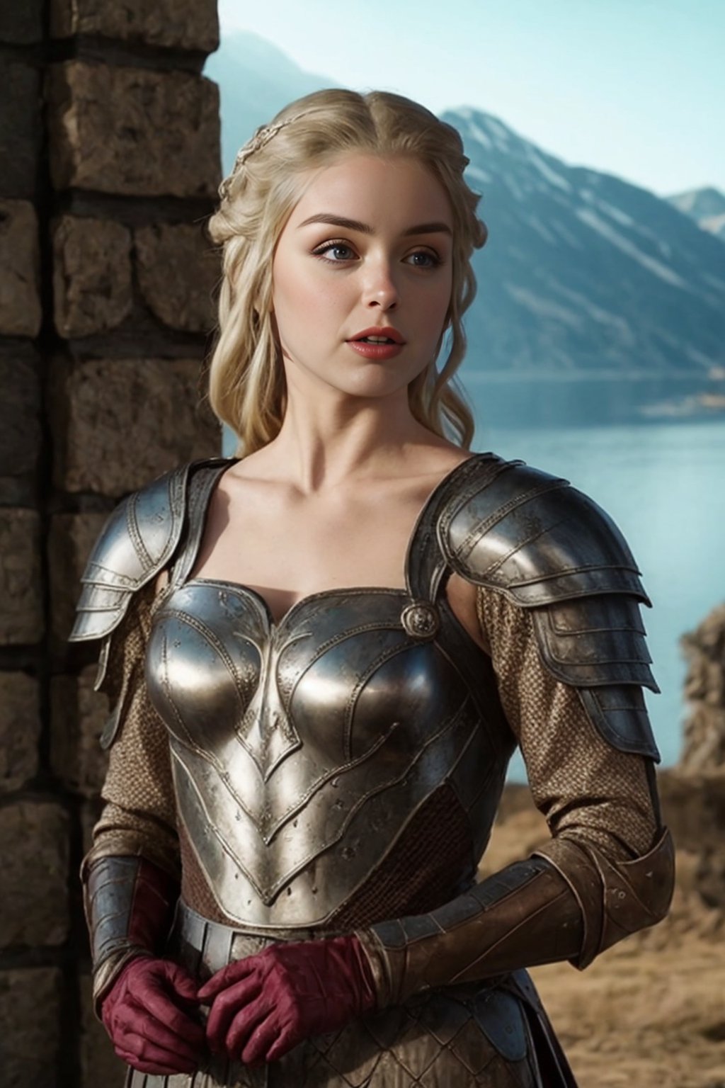 (Daenergs Tagaryen),Knight, Armour, silver, gothic, Arthurian, camelot, dnd character portrait, high fantasy, castle background, kings landing, dragon princess of the seven kingdom, realistic,Game of Thrones,dragonborn, honor,dragon fire, (high detailed skin:1.1), lord of the rings (but careful with the word "lord"),