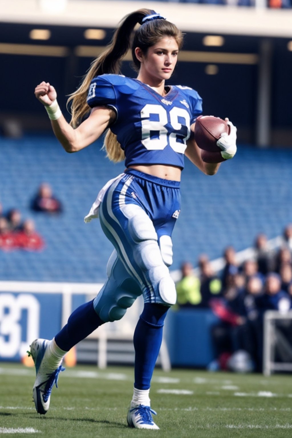 (full body shot:1.2), bokeh:1.2, outdoors, in stadium, dynamic angle, blonde hair, , cheering audiences, running, 1 girl,fit, solo,playing american football, (wearing football_uniform:1.3), thick thigh, (((high ponytail))), (((holding football))), big_breasts:1.2, muscle, floating_hair, long hair, tiny_waist, realistic_detailed_skin_texture, long legs, good hands, pefect feet, , (8k, RAW photo, best quality, masterpiece:1.2), (realistic, photo-realistic:1.37), ultra high res, photon mapping, radiosity, ((Hasselblad photography)),physically-based rendering, professional soft lighting, light on face,,, ,