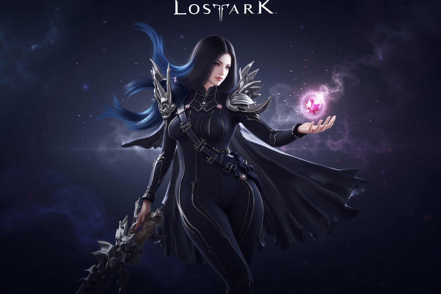 This is a highly detailed digital artwork depicting a fantasy character in a mystical, ethereal setting. The central figure is a female wizard with long, flowing black hair that transitions to a vibrant blue near the ends. She is dressed in a dark, form-fitting outfit adorned with intricate metallic designs and straps, giving her a priestess appearance. Her armor includes large, ornate shoulder pads and a high-collared cape that flutters behind her, hinting at movement. 

Her right hand is extended forward, creating a magical spark that emits a series of glowing, star-like particles. Her left hand holds a long, ornate staff topped with a glowing, pink crystal. The staff's texture is rough, with a wooden base and intricate metalwork. The character's expression is focused and serious, with a hint of determination.

The background is a gradient of dark blues and purples, with subtle star-like particles floating around her, enhancing the mystical atmosphere. The overall style is highly realistic, with attention to minute details in the character's armor and the magical effects. The image is titled "Lostark" at the top, suggesting it might be promotional art for a game or series.