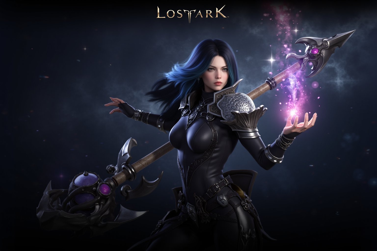 This is a highly detailed digital artwork depicting a fantasy character in a mystical, ethereal setting. The central figure is a female warrior with long, flowing black hair that transitions to a vibrant blue near the ends. She is dressed in a dark, form-fitting outfit adorned with intricate metallic designs and straps, giving her a warrior-priestess appearance. Her armor includes large, ornate shoulder pads and a high-collared cape that flutters behind her, hinting at movement. 

Her right hand is extended forward, creating a magical spark that emits a series of glowing, star-like particles. Her left hand holds a long, ornate staff topped with a glowing, pink crystal. The staff's texture is rough, with a wooden base and intricate metalwork. The character's expression is focused and serious, with a hint of determination.

The background is a gradient of dark blues and purples, with subtle star-like particles floating around her, enhancing the mystical atmosphere. The overall style is highly realistic, with attention to minute details in the character's armor and the magical effects. The image is titled "Lostark" at the top, suggesting it might be promotional art for a game or series.