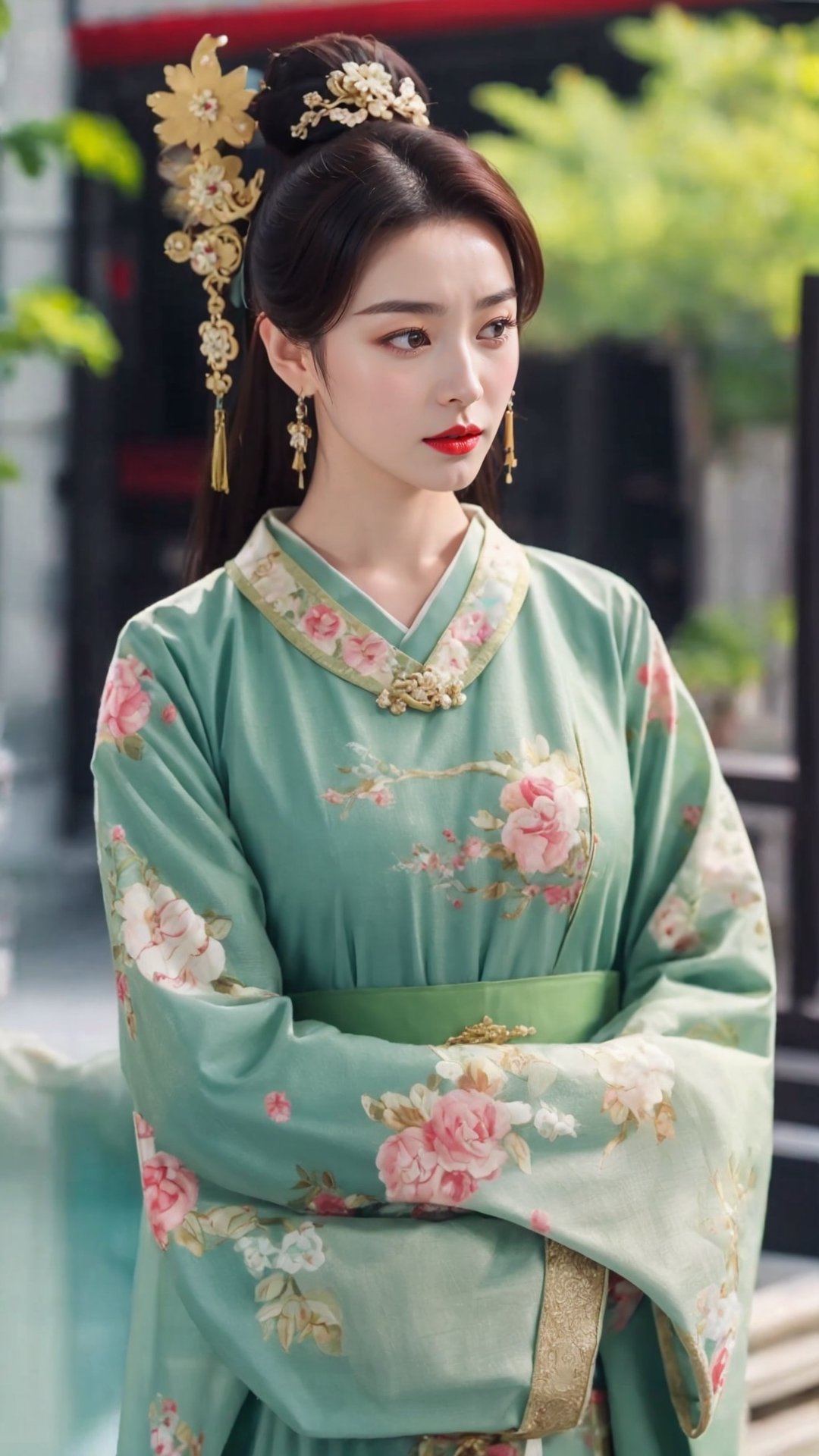 tienhiep, hanfu,
fairy hanfu, 1girl, black hair, hair ornament, long sleeves, dress, brown eyes, jewelry, earrings, solo focus, wide sleeves, hair bun, blurry, lips, blurry background, looking away, chinese clothes, floral print, rain, realistic, red lips, korean clothes, hanfu, tienhiep