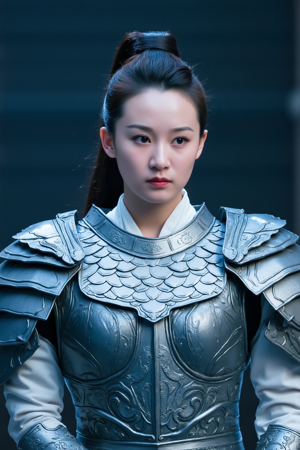 cfairy,
This is a high-resolution photograph of a young East Asian woman in traditional Chinese armor, likely from a historical period. The image captures her from the waist up, showing her face and upper body. She has a fair complexion with smooth skin, and her dark hair is styled in a high ponytail, cascading down her back. Her expression is calm and composed, with her lips slightly parted and her eyes looking directly at the camera.

She is adorned in an intricately detailed, silver-plated armor that covers her shoulders and chest. The armor is adorned with ornate, overlapping scales and patterns, giving it a highly textured and reflective appearance. The armor is fastened with a belt at her waist, and the sleeves of her white, high-collared tunic are visible underneath, suggesting a mix of traditional and modern attire.

The background is blurred, focusing attention on the subject. The lighting is soft and diffused, casting a cool, blueish hue over the scene, enhancing the metallic sheen of the armor. The overall mood is serene and regal, emphasizing the historical and cultural significance of the attire. bingYan.