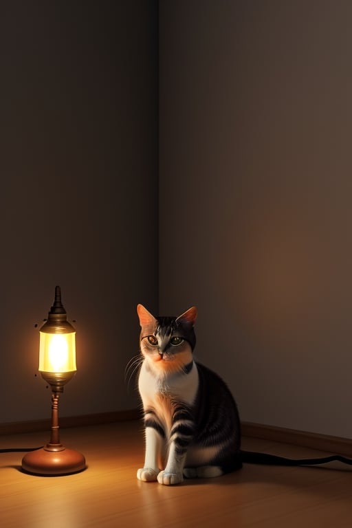 There is a lamp in a dark room and a cat is sitting next to it and listening to stories with big open eyes. The cat is looking right at you. Photorealistic image,photorealistic